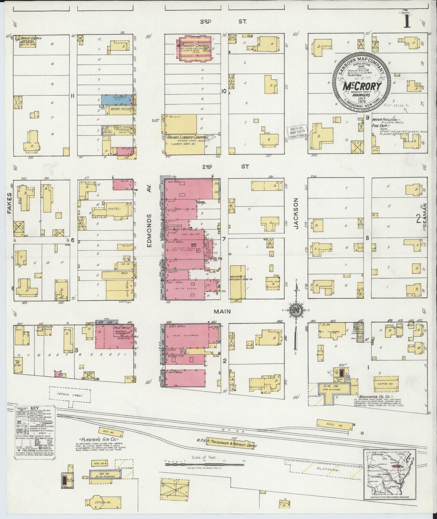 Sanborn Fire Insurance Map from McCrory, Woodruff County, Arkansas (1919), Sheet #0001 - Historic Sanborn Fire Insurance Map Print, vintage old map wall art, antique decor, genealogy gift, Arkansas Arkansas map