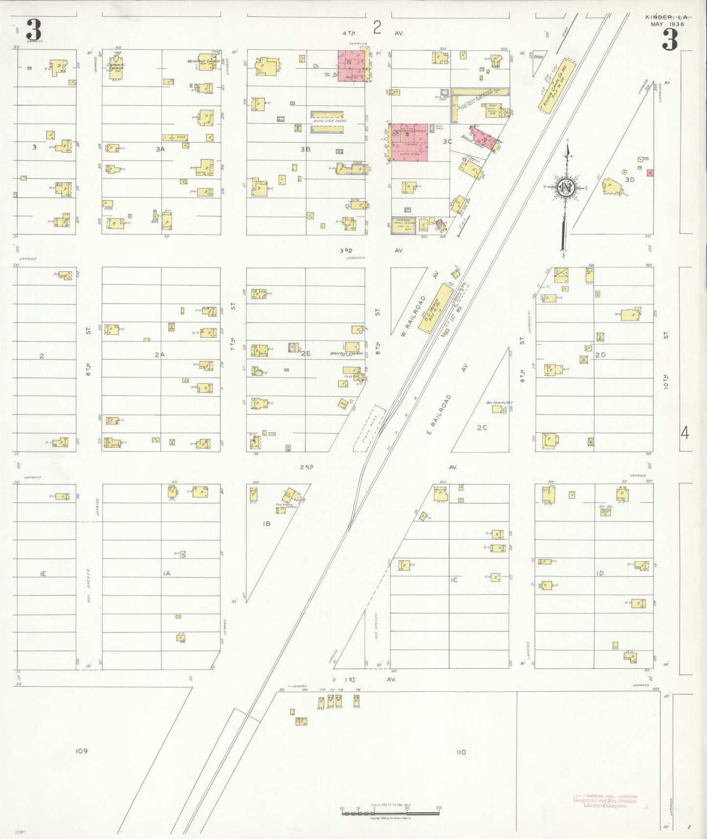 Sanborn Fire Insurance Map from Kinder, Allen Parish, Louisiana (1938), Sheet #0003 - Historic Sanborn Fire Insurance Map Print, vintage old map wall art, antique decor, genealogy gift, Louisiana Louisiana map