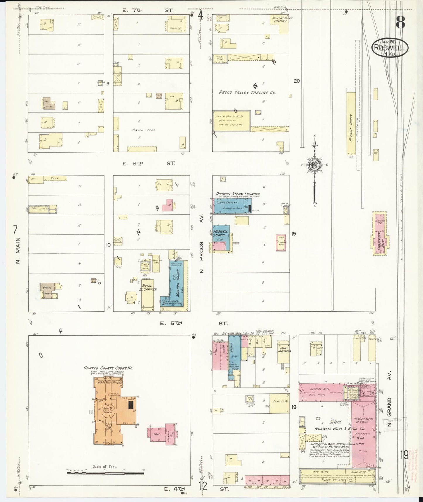 Sanborn Fire Insurance Map from Roswell, Chaves County, New Mexico (1913), Sheet #0008 - Historic Sanborn Fire Insurance Map Print, vintage old map wall art, antique decor, genealogy gift, New Mexico New Mexico map