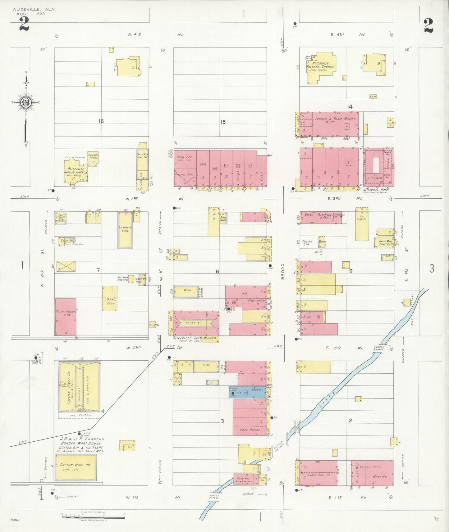 Sanborn Fire Insurance Map from Aliceville, Pickens County, Alabama (1933), Sheet #0002 - Historic Sanborn Fire Insurance Map Print, vintage old map wall art, antique decor, genealogy gift, Alabama Alabama map