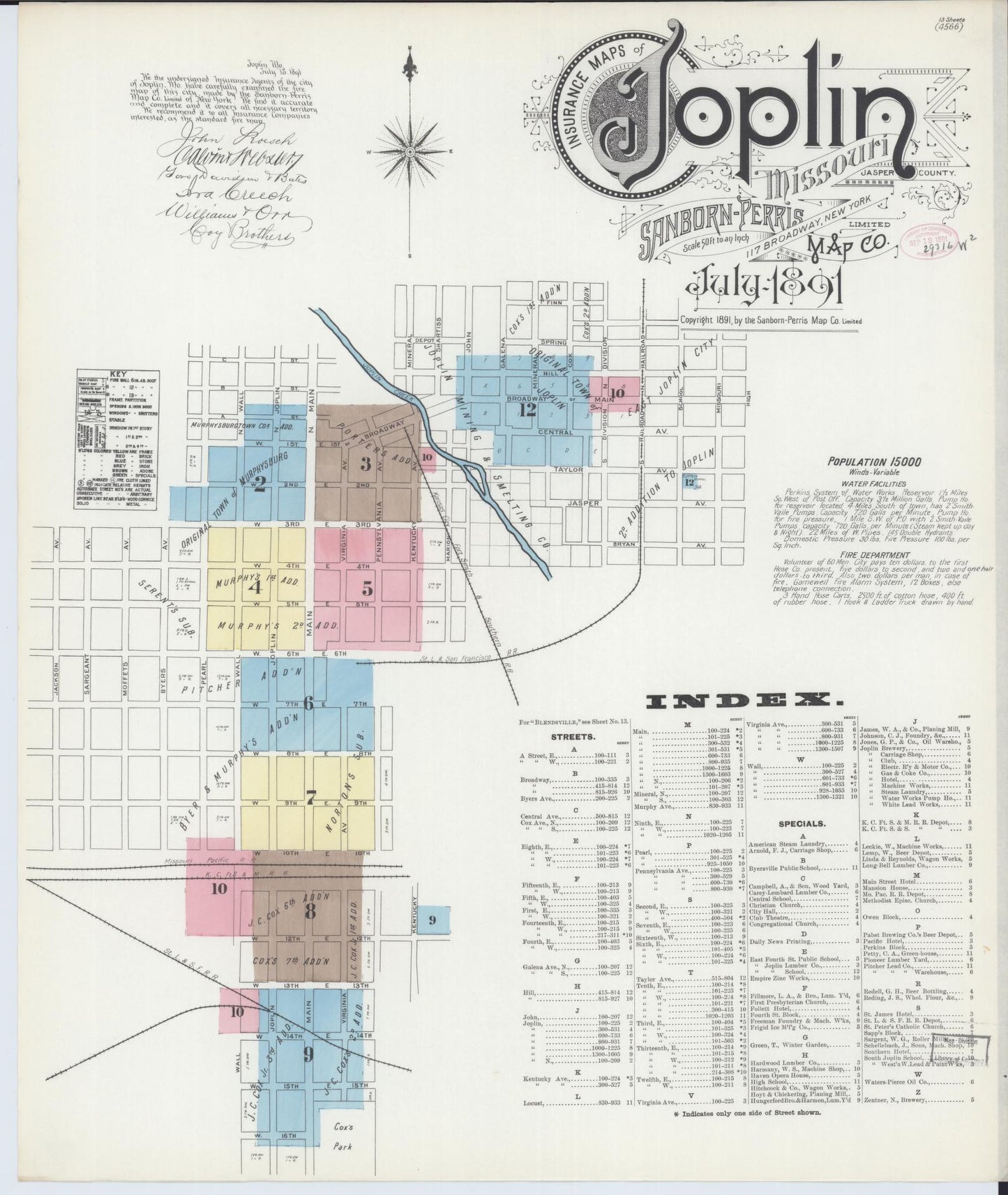 Sanborn Fire Insurance Map from Joplin, Jasper County, Missouri (1891), Sheet #0001 - Historic Sanborn Fire Insurance Map Print, vintage old map wall art, antique decor, genealogy gift, Missouri Missouri map