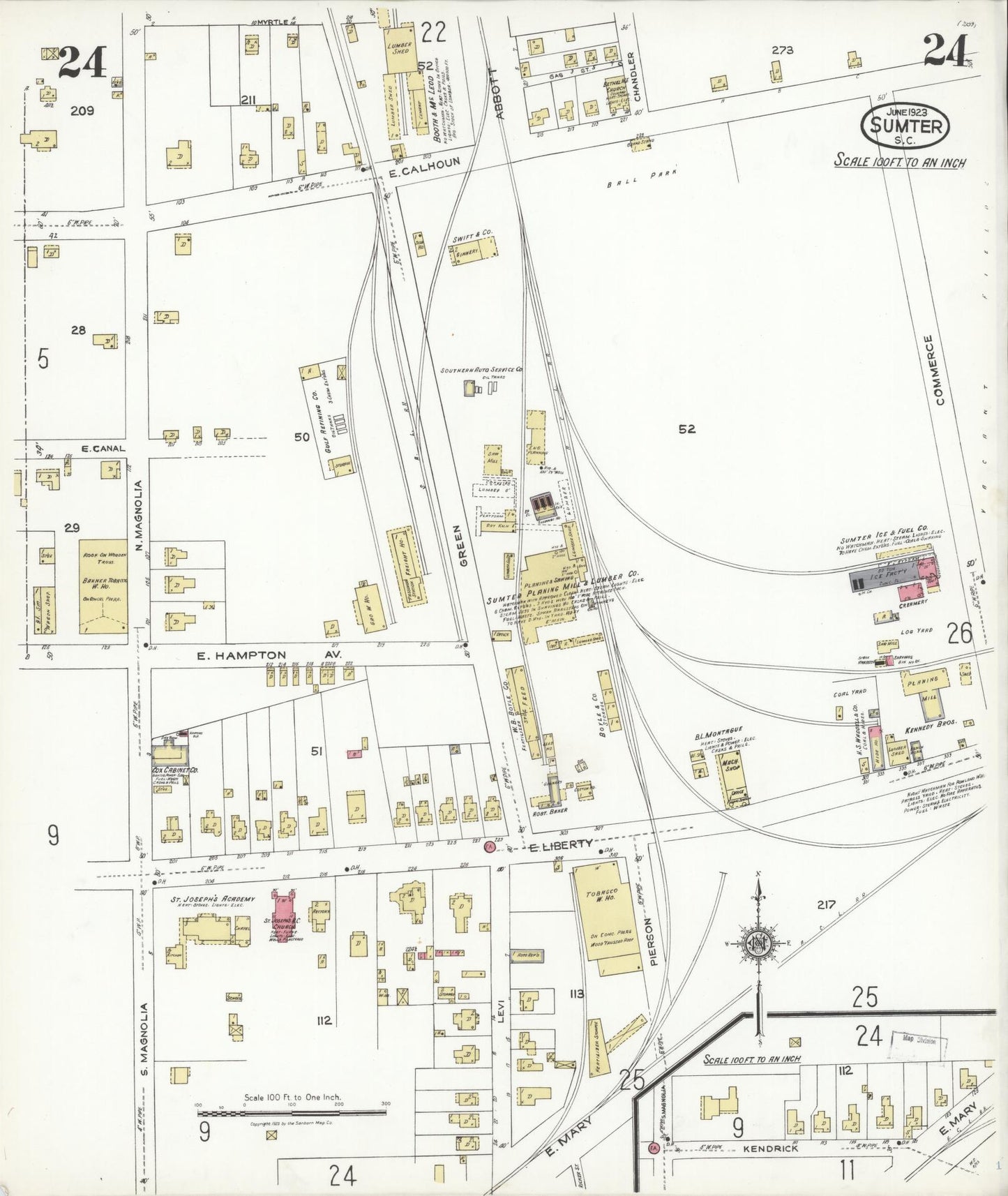 Sanborn Fire Insurance Map from Sumter, Sumter County, South Carolina (1923), Sheet #0024 - Historic Sanborn Fire Insurance Map Print, vintage old map wall art, antique decor, genealogy gift, South Carolina South Carolina map