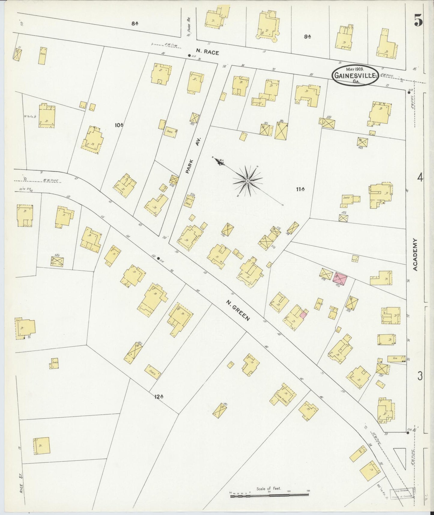Sanborn Fire Insurance Map from Gainesville, Hall County, Georgia (1909), Sheet #0005 - Historic Sanborn Fire Insurance Map Print, vintage old map wall art, antique decor, genealogy gift, Georgia Georgia map