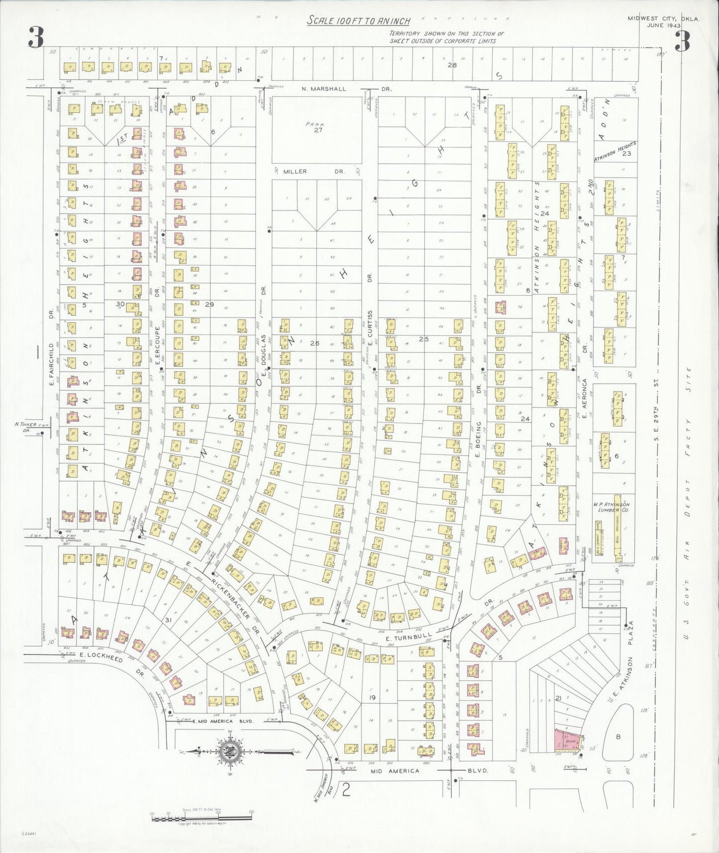 Sanborn Fire Insurance Map from Midwest City, Oklahoma County, Oklahoma (1943), Sheet #0003 - Complete Map Set gallery image, historic Sanborn map, vintage wall art, Midwest City Oklahoma