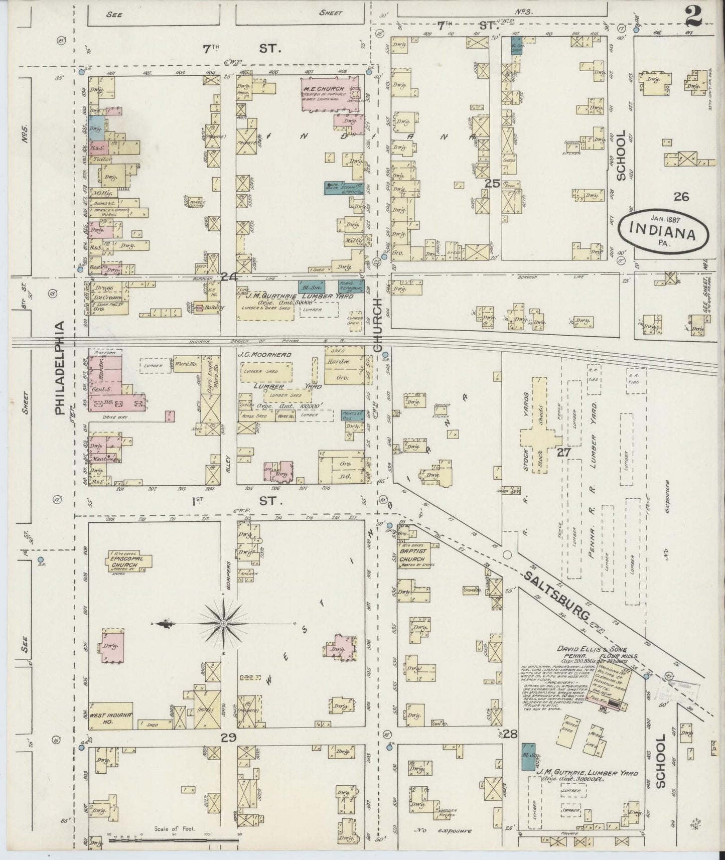 Sanborn Fire Insurance Map from Indiana, Indiana County, Pennsylvania (1887), Sheet #0002 - Historic Sanborn Fire Insurance Map Print, vintage old map wall art, antique decor, genealogy gift, Sanborn Fire Insurance Map from Indiana Indiana map