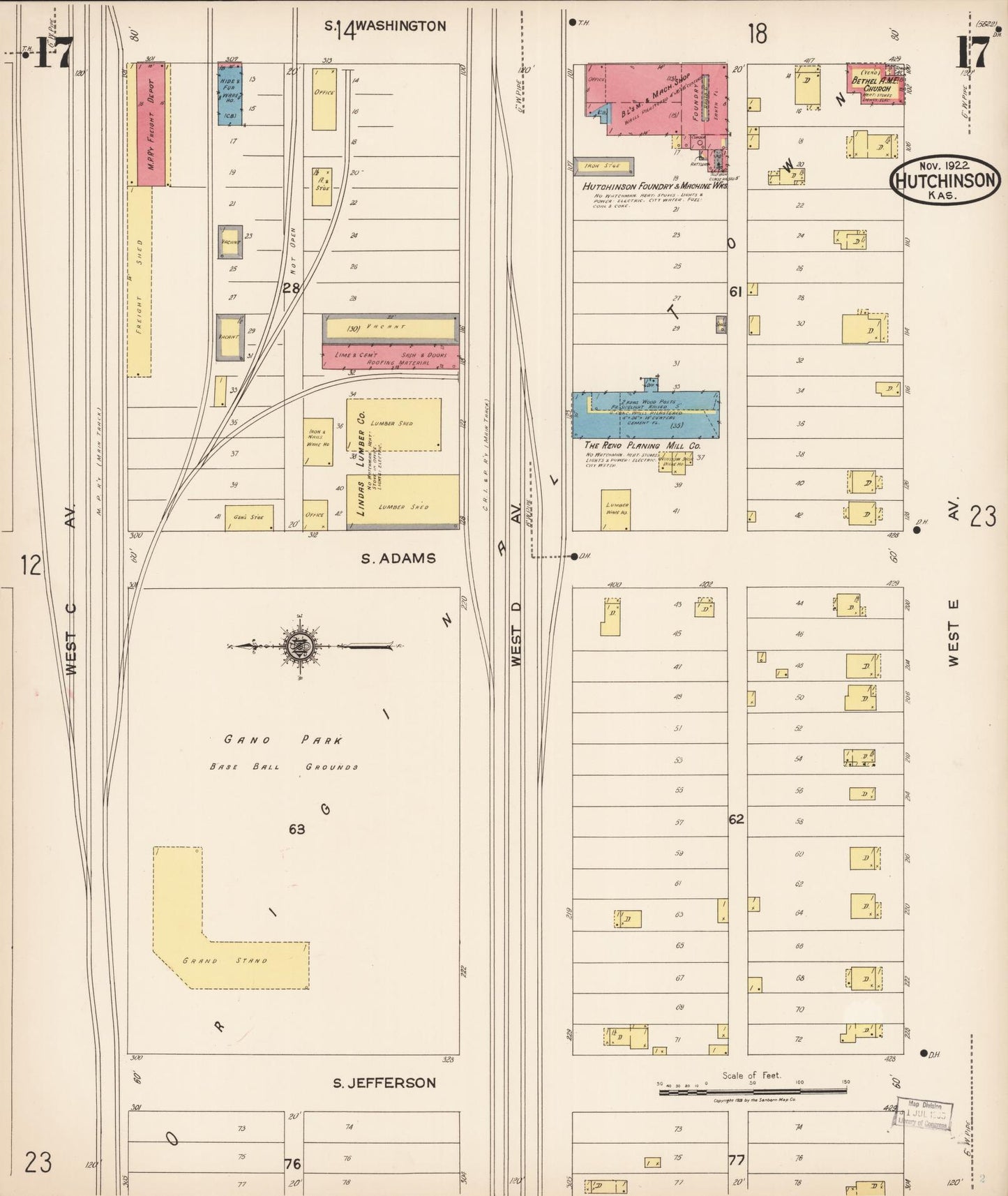 Sanborn Fire Insurance Map from Hutchinson, Reno County, Kansas (1922), Sheet #0018 - Historic Sanborn Fire Insurance Map Print, vintage old map wall art, antique decor, genealogy gift, Kansas Kansas map