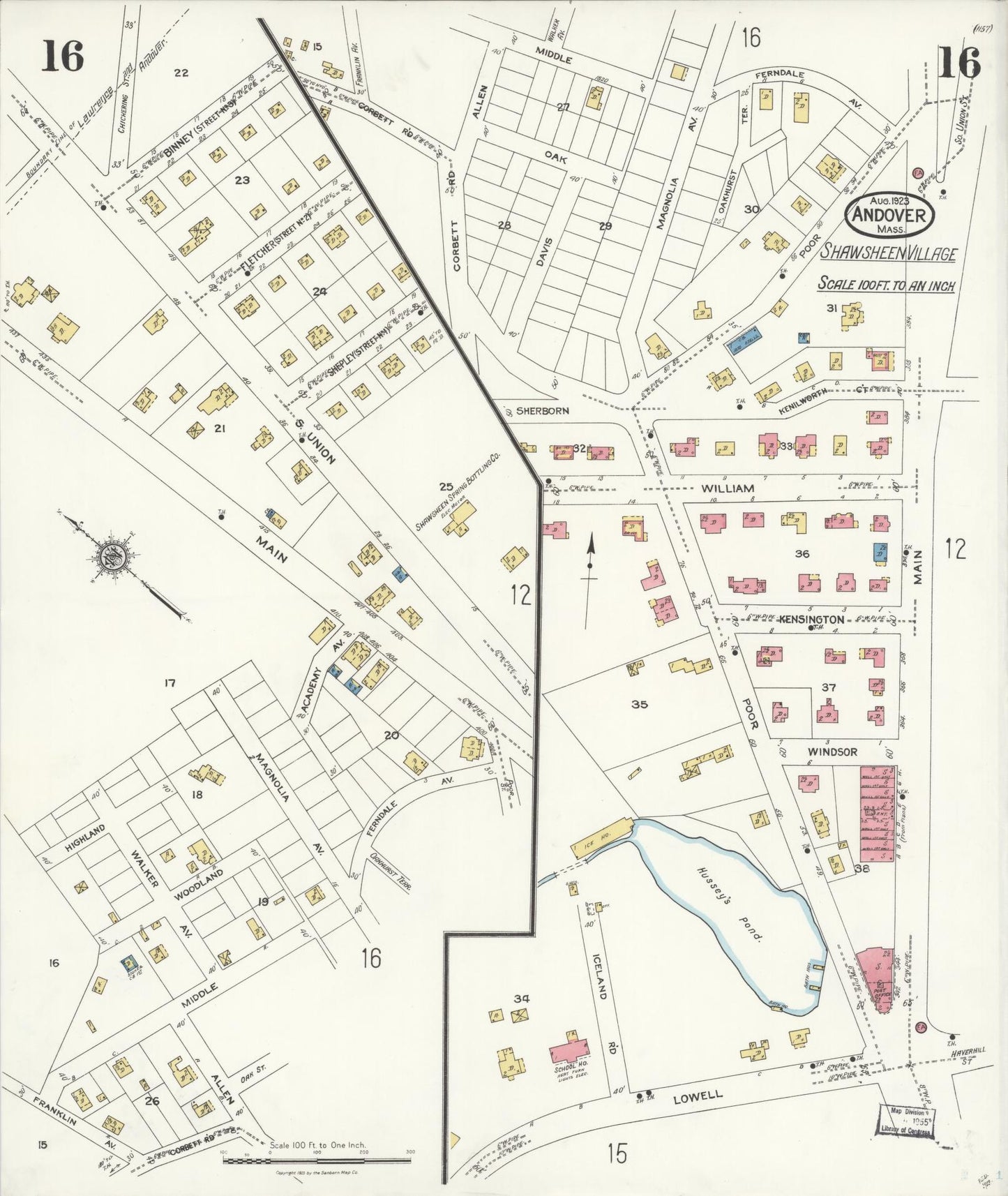 Sanborn Fire Insurance Map from Andover, Essex County, Massachusetts (1923), Sheet #0016 - Historic Sanborn Fire Insurance Map Print, vintage old map wall art, antique decor, genealogy gift, Massachusetts Massachusetts map