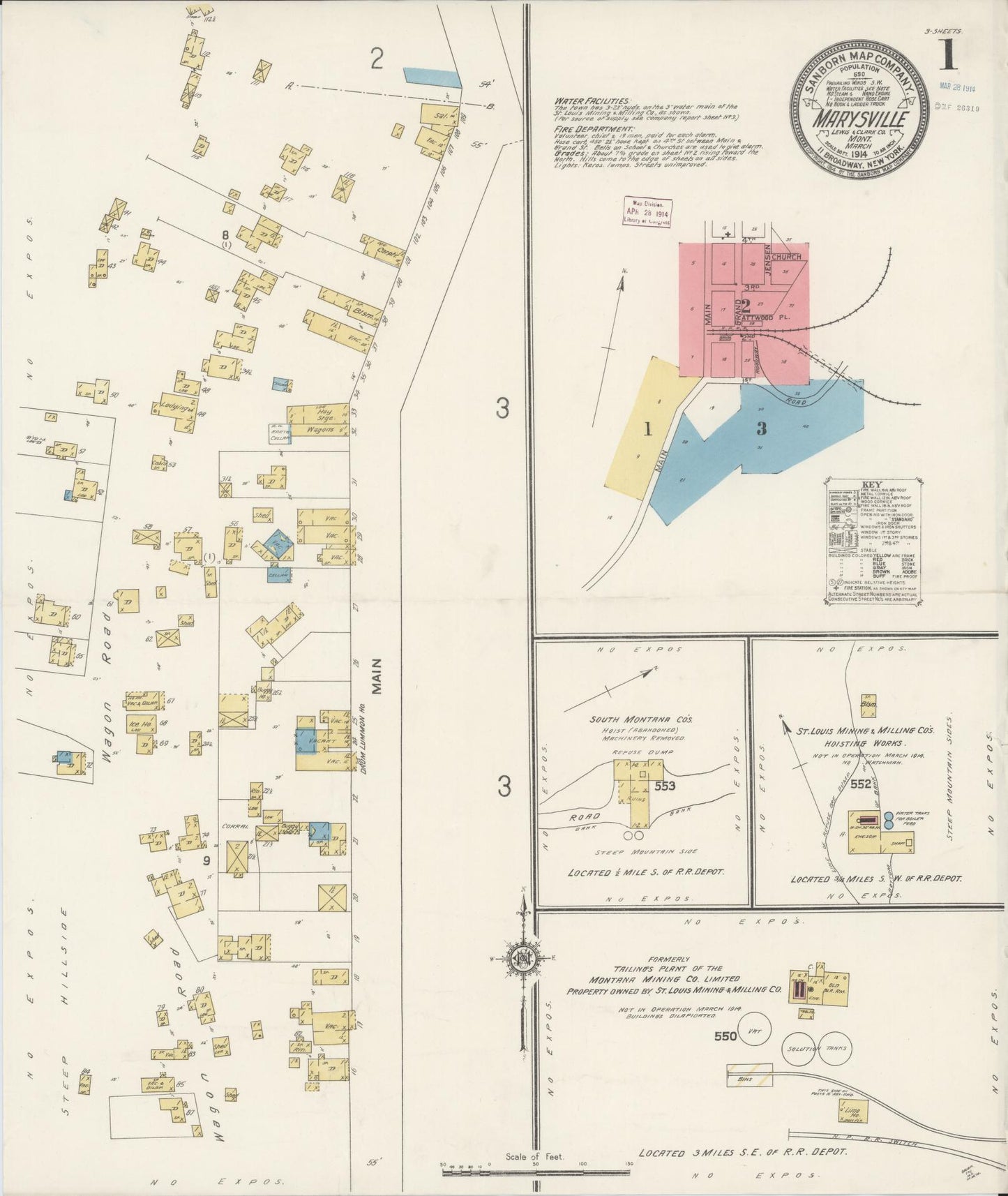 Sanborn Fire Insurance Map from Marysville, Lewis And Clark County, Montana (1914), Sheet #0001 - Historic Sanborn Fire Insurance Map Print, vintage old map wall art, antique decor, genealogy gift, Montana Montana map