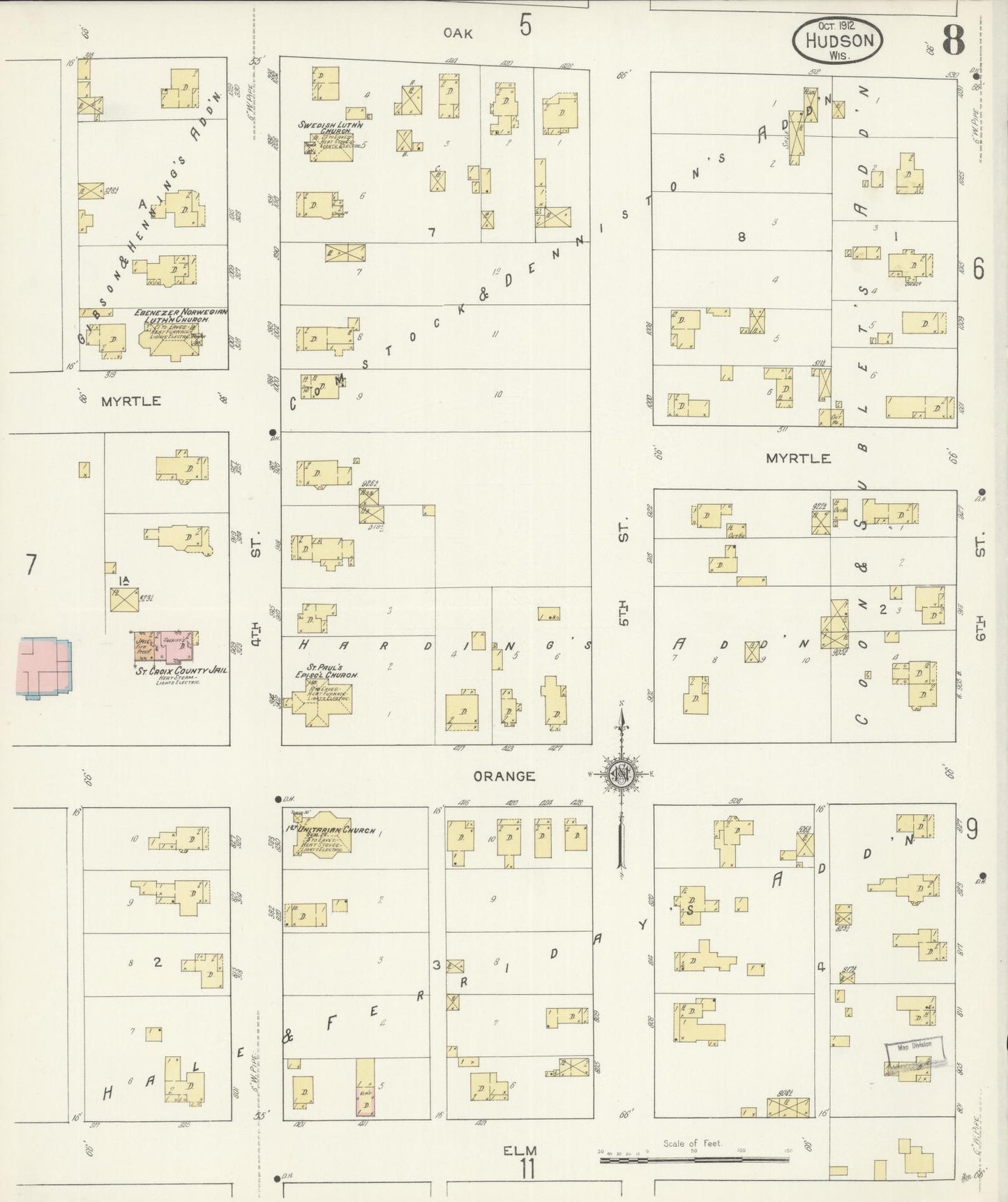 Sanborn Fire Insurance Map from Hudson, St. Croix County, Wisconsin (1912), Sheet #0008 - Historic Sanborn Fire Insurance Map Print, vintage old map wall art, antique decor, genealogy gift, Wisconsin Wisconsin map