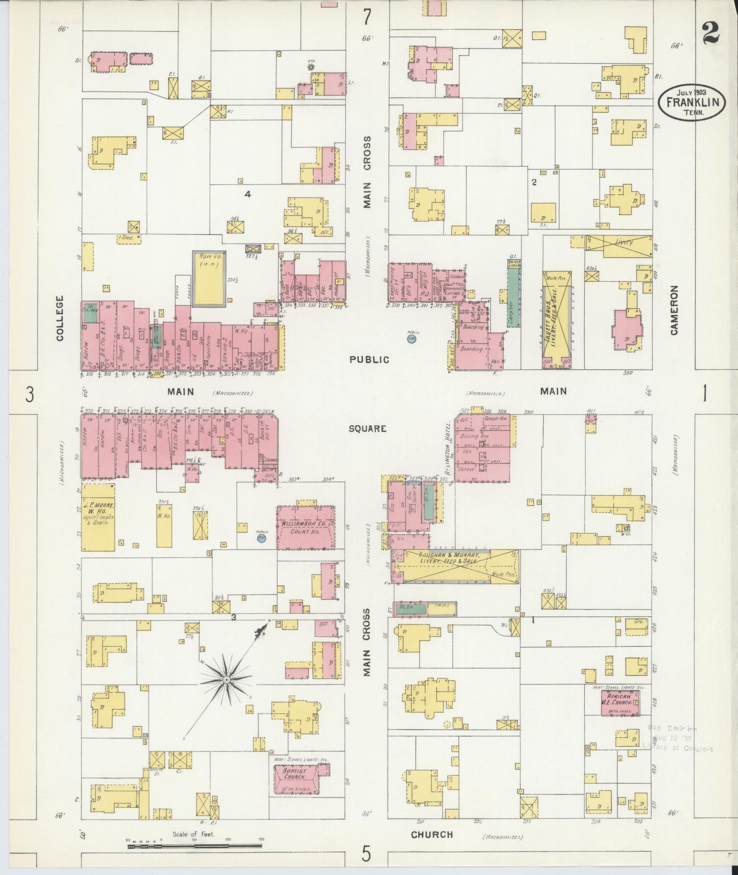 Sanborn Fire Insurance Map from Franklin, Williamson County, Tennessee (1903), Sheet #0002 - Historic Sanborn Fire Insurance Map Print, vintage old map wall art, antique decor, genealogy gift, Tennessee Tennessee map