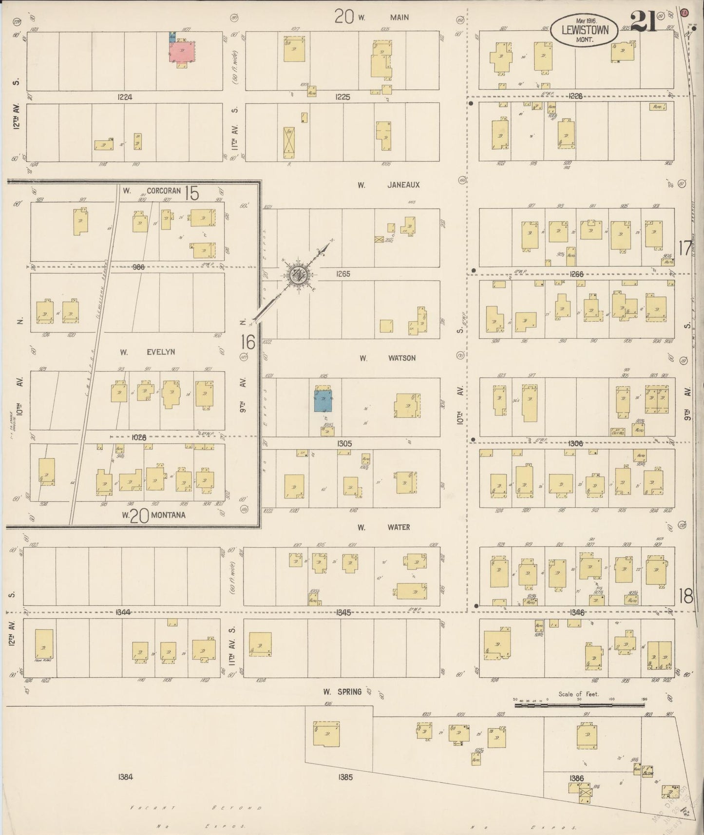 Sanborn Fire Insurance Map from Lewistown, Fergus County, Montana (1916), Sheet #0021 - Complete Map Set gallery image, historic Sanborn map, vintage wall art, Montana Montana