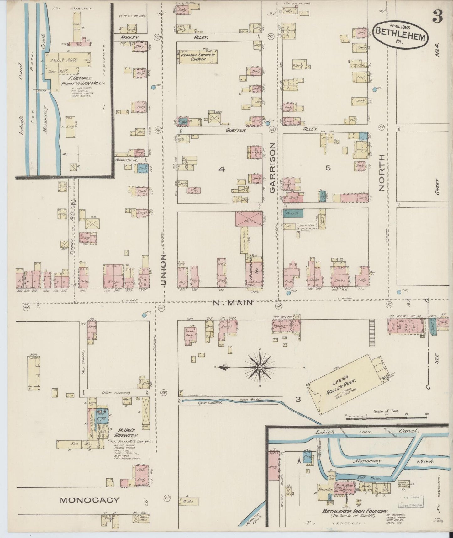 Sanborn Fire Insurance Map from Bethlehem, Northampton And Lehigh Counties, Pennsylvania (1885), Sheet #0003 - Historic Sanborn Fire Insurance Map Print, vintage old map wall art, antique decor, genealogy gift, Pennsylvania Pennsylvania map