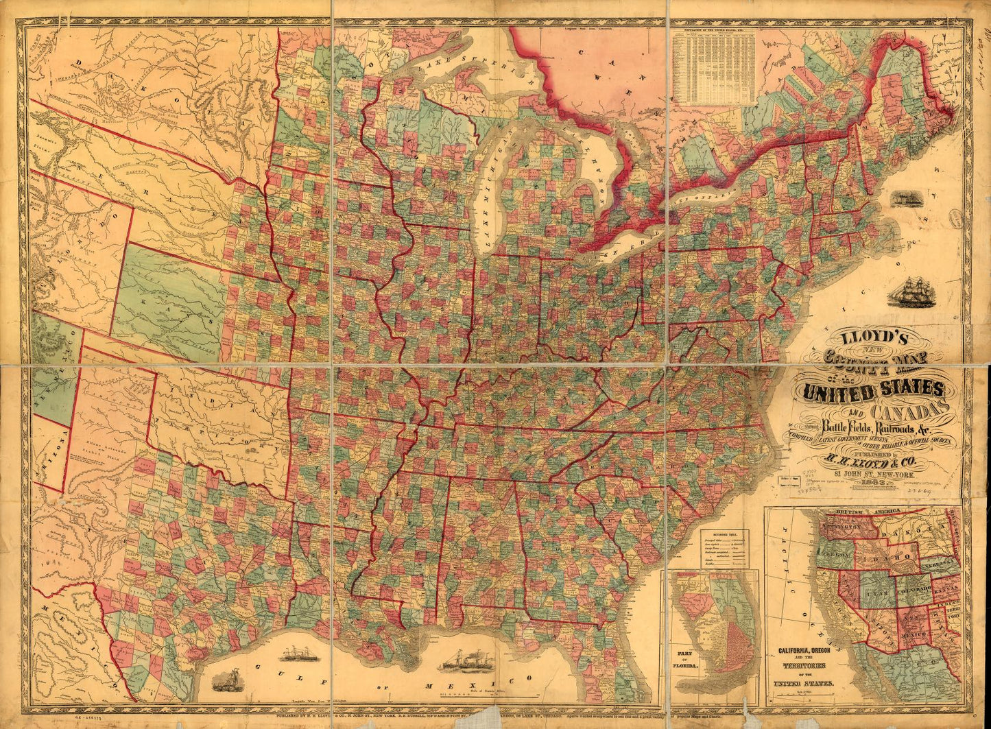 Lloyd's new county map of the United States and Canadas showing battle fields, railroads, &c., compiled from the latest government surveys & other reliable & official sources, drawn and engraved by Schơnberg & Co., New York. Civil War Map (1863) - Histori