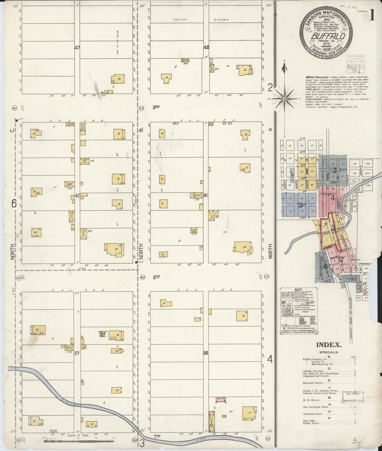 Sanborn Fire Insurance Map from Buffalo, Johnson County, Wyoming (1908), Sheet #0001 - Historic Sanborn Fire Insurance Map Print, vintage old map wall art, antique decor, genealogy gift, Wyoming Wyoming map