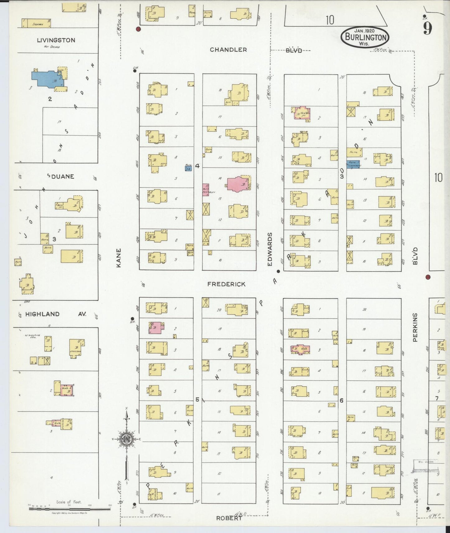Sanborn Fire Insurance Map from Burlington, Racine County, Wisconsin (1920), Sheet #0009 - Historic Sanborn Fire Insurance Map Print, vintage old map wall art, antique decor, genealogy gift, Wisconsin Wisconsin map