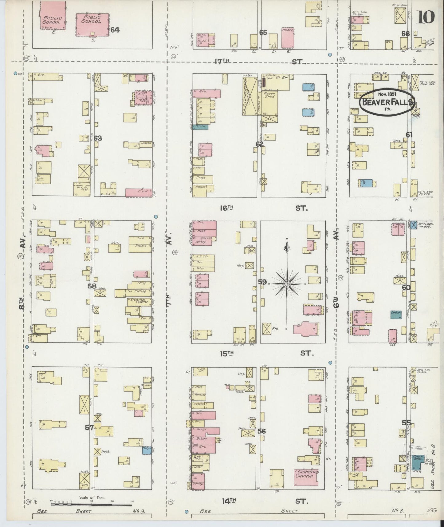 Sanborn Fire Insurance Map from Beaver Falls, Beaver County, Pennsylvania (1891), Sheet #0010 - Historic Sanborn Fire Insurance Map Print, vintage old map wall art, antique decor, genealogy gift, Pennsylvania Pennsylvania map