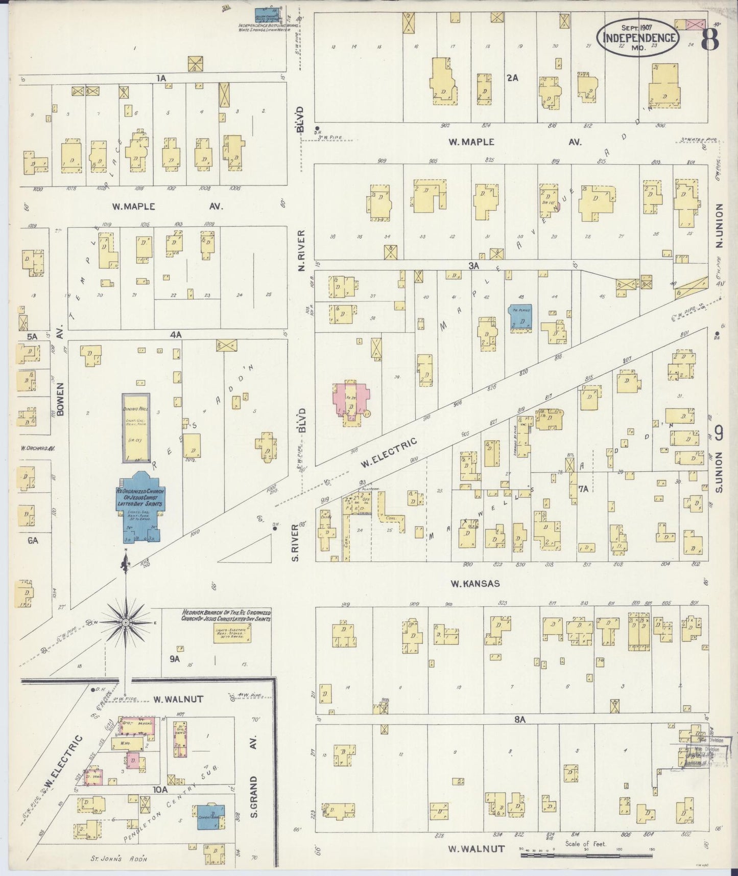 Sanborn Fire Insurance Map from Independence, Jackson County, Missouri (1907), Sheet #0008 - Historic Sanborn Fire Insurance Map Print, vintage old map wall art, antique decor, genealogy gift, Missouri Missouri map