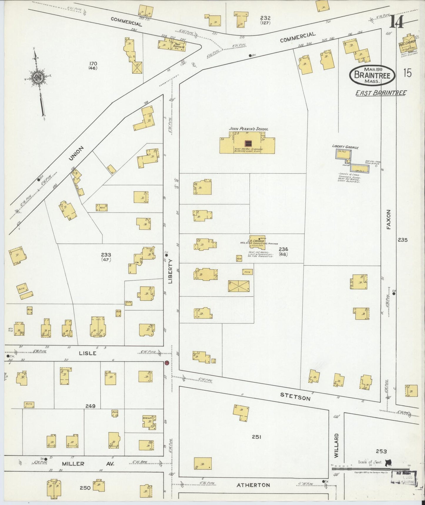 Sanborn Fire Insurance Map from Braintree, Norfolk County, Massachusetts (1919), Sheet #0014 - Historic Sanborn Fire Insurance Map Print, vintage old map wall art, antique decor, genealogy gift, Massachusetts Massachusetts map
