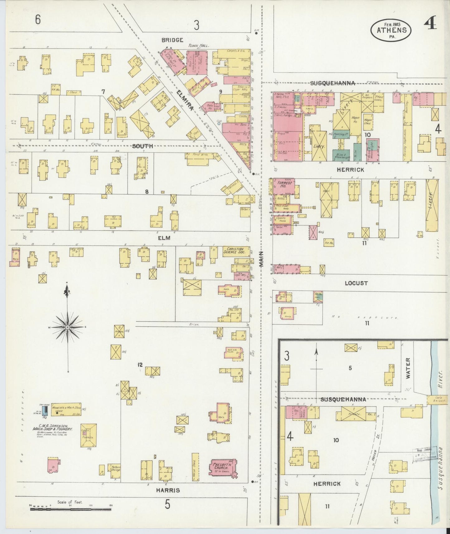 Sanborn Fire Insurance Map from Athens, Bradford County, Pennsylvania (1903), Sheet #0004 - Historic Sanborn Fire Insurance Map Print, vintage old map wall art, antique decor, genealogy gift, Pennsylvania Pennsylvania map