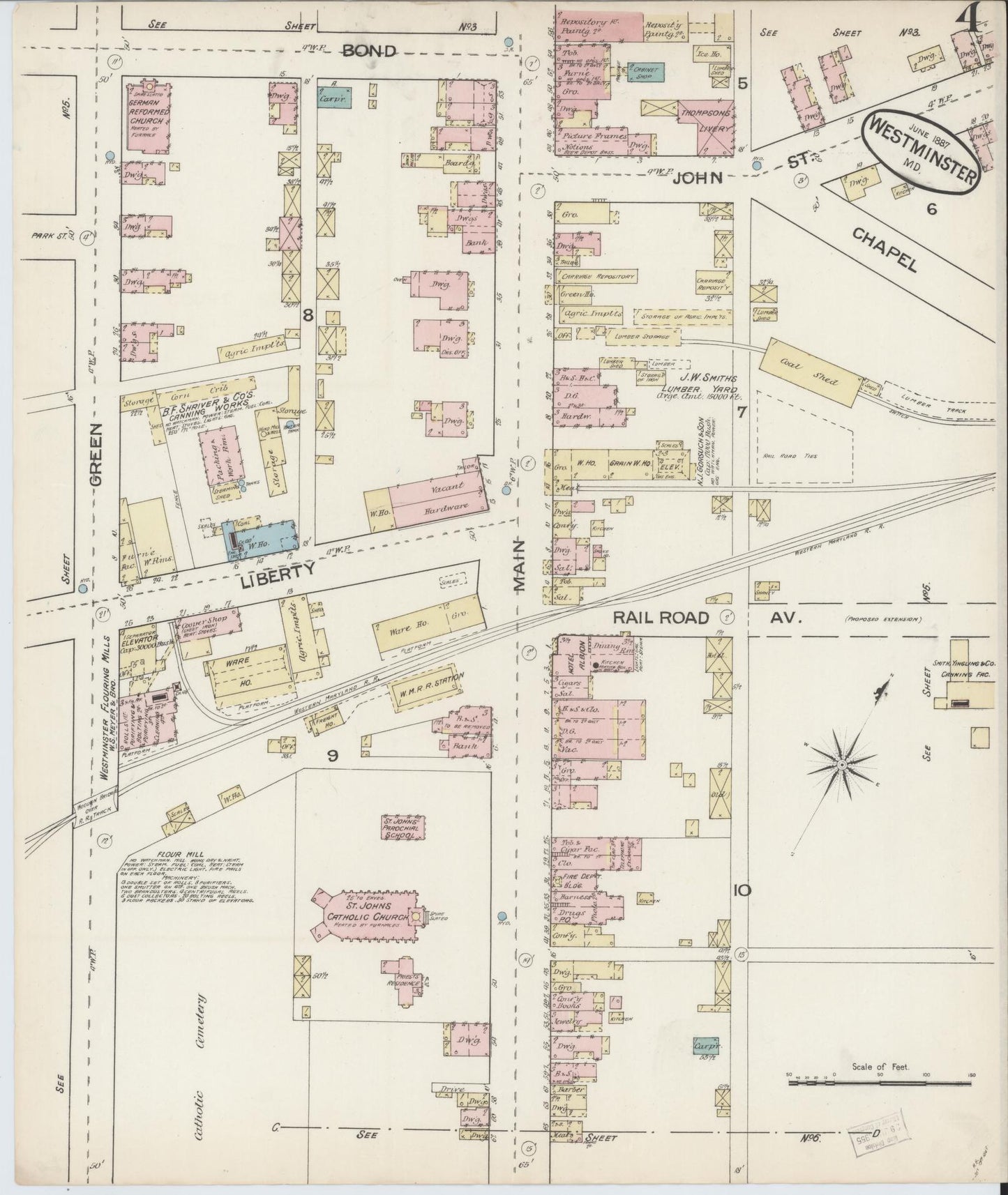 Sanborn Fire Insurance Map from Westminster, Carroll County, Maryland (1887), Sheet #0004 - Historic Sanborn Fire Insurance Map Print, vintage old map wall art, antique decor, genealogy gift, Maryland Maryland map