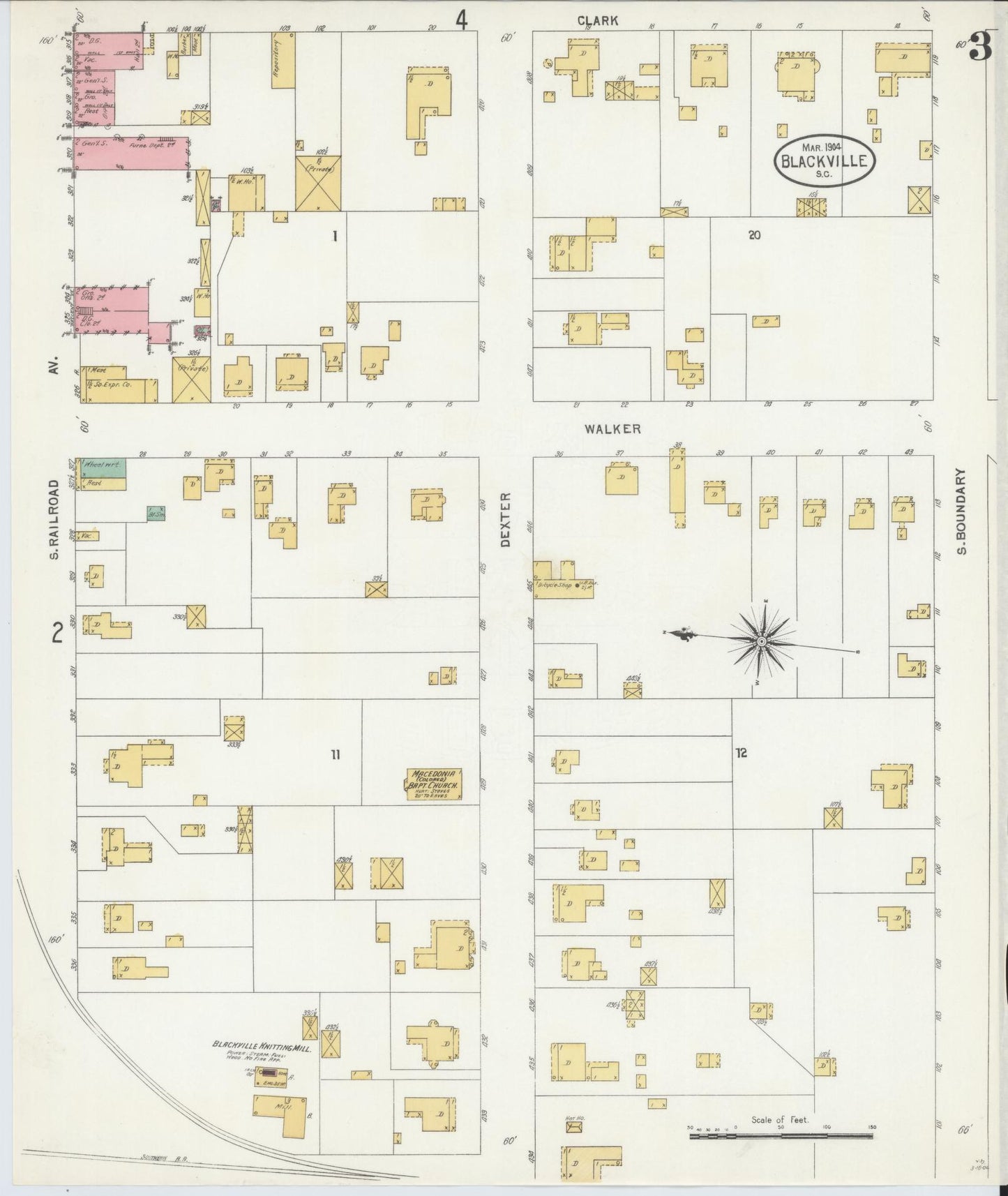 Sanborn Fire Insurance Map from Blackville, Barnwell County, South Carolina (1904), Sheet #0003 - Historic Sanborn Fire Insurance Map Print, vintage old map wall art, antique decor, genealogy gift, South Carolina South Carolina map