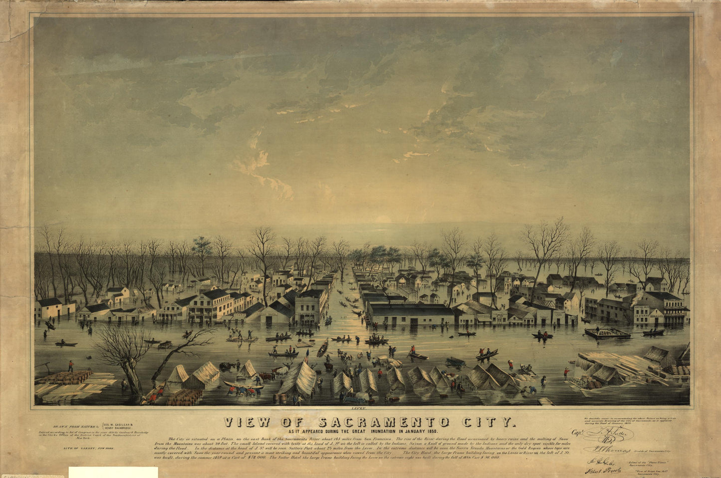 View of Sacramento City as it appeared during the great inundation in January 1850 (1850) – Historic Bird’s-Eye View Panorama Print