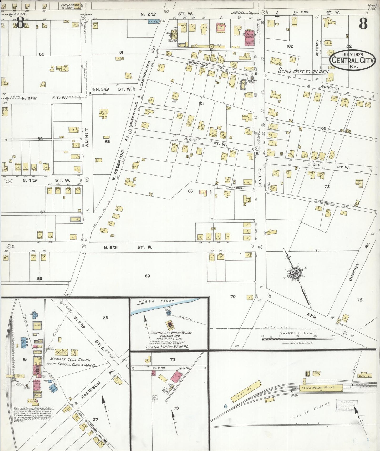 Sanborn Fire Insurance Map from Central City, Mublenberg County, Kentucky (1923), Sheet #0008 - Historic Sanborn Fire Insurance Map Print, vintage old map wall art, antique decor, genealogy gift, Kentucky Kentucky map