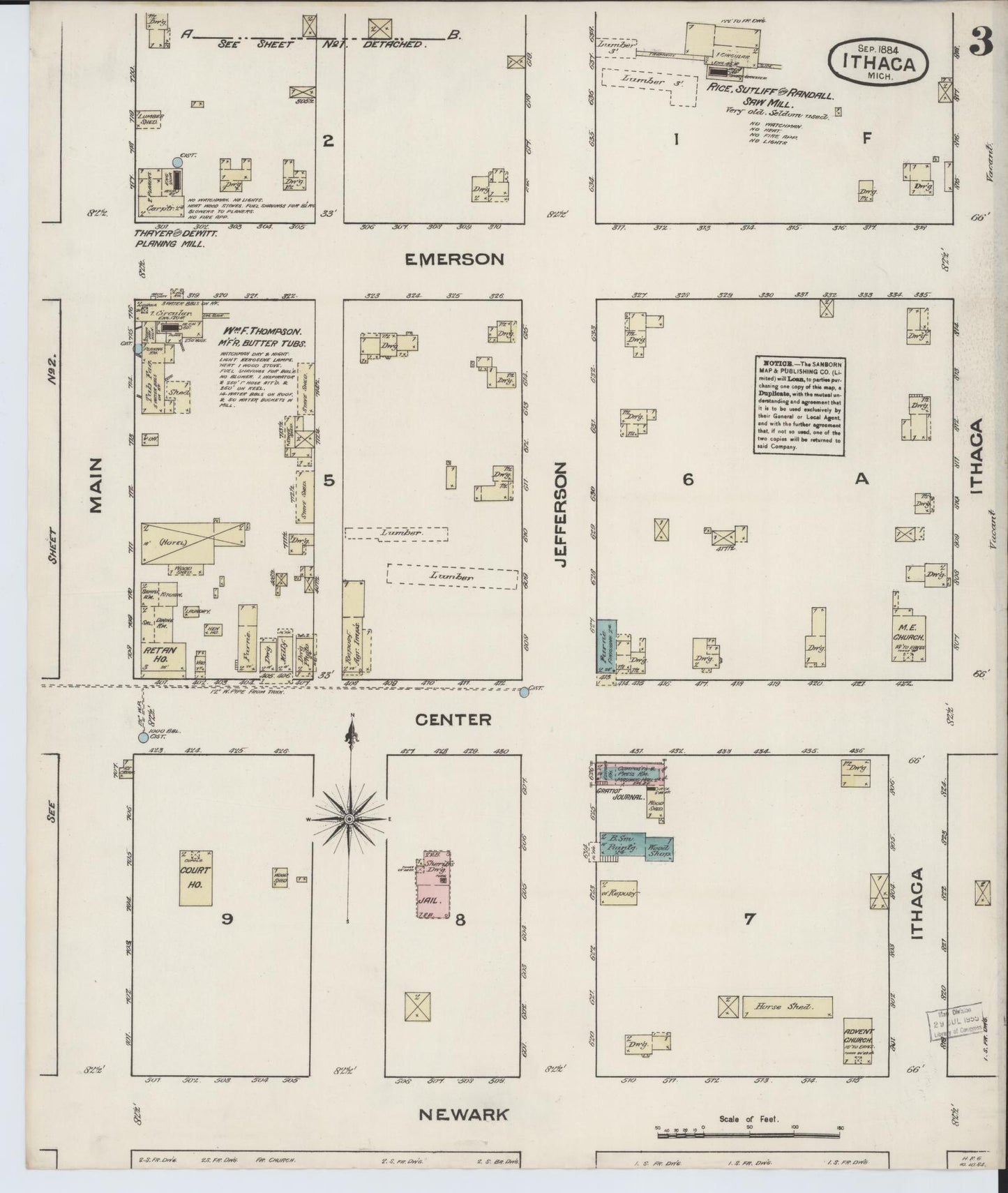Sanborn Fire Insurance Map from Ithaca, Gratiot County, Michigan (1884), Sheet #0003 - Complete Map Set gallery image, historic Sanborn map, vintage wall art, Michigan Michigan