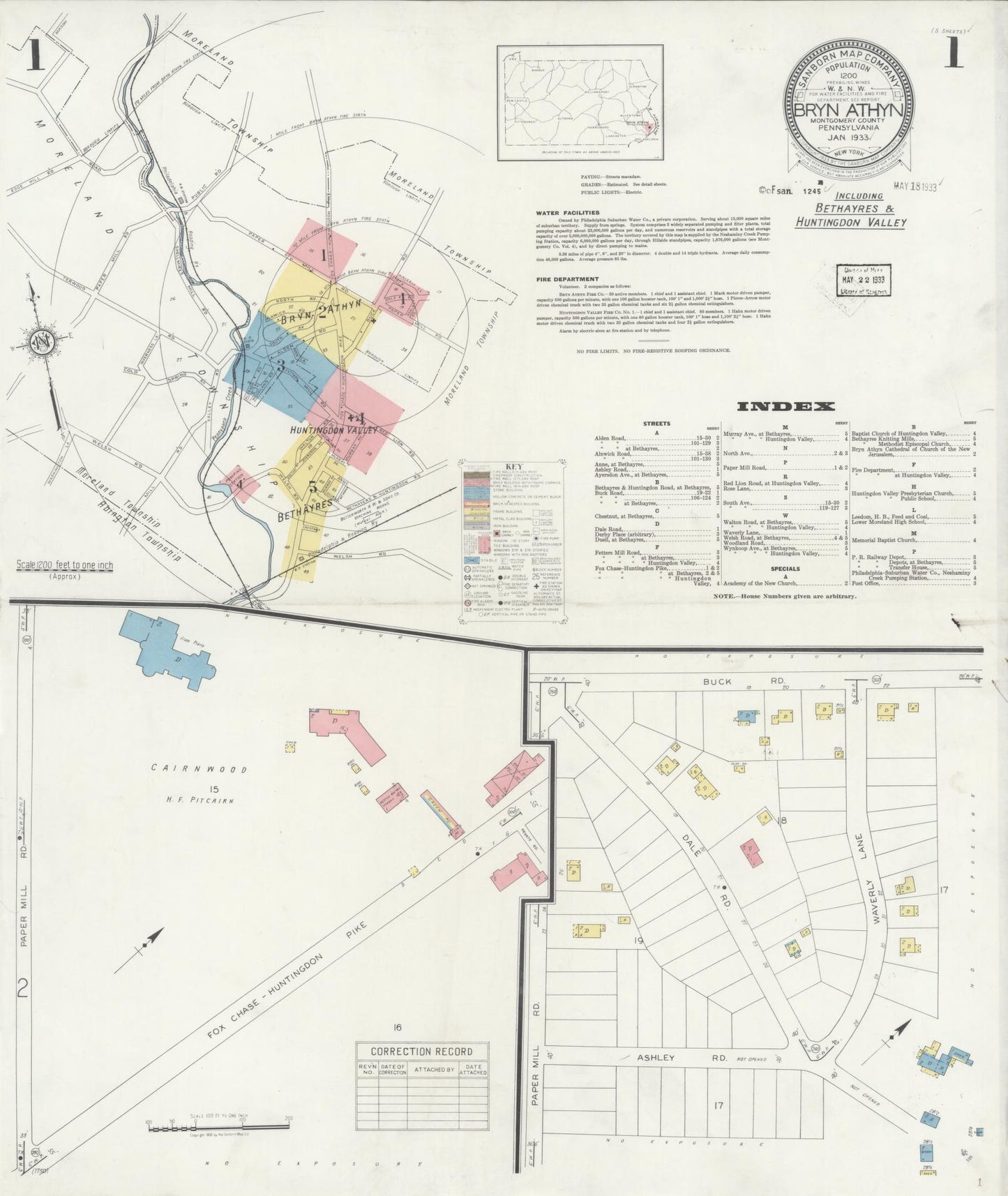 Sanborn Fire Insurance Map from Bryn Athyn, Montgomery County, Pennsylvania (1933), Sheet #0001 - Historic Sanborn Fire Insurance Map Print, vintage old map wall art, antique decor, genealogy gift, Pennsylvania Pennsylvania map