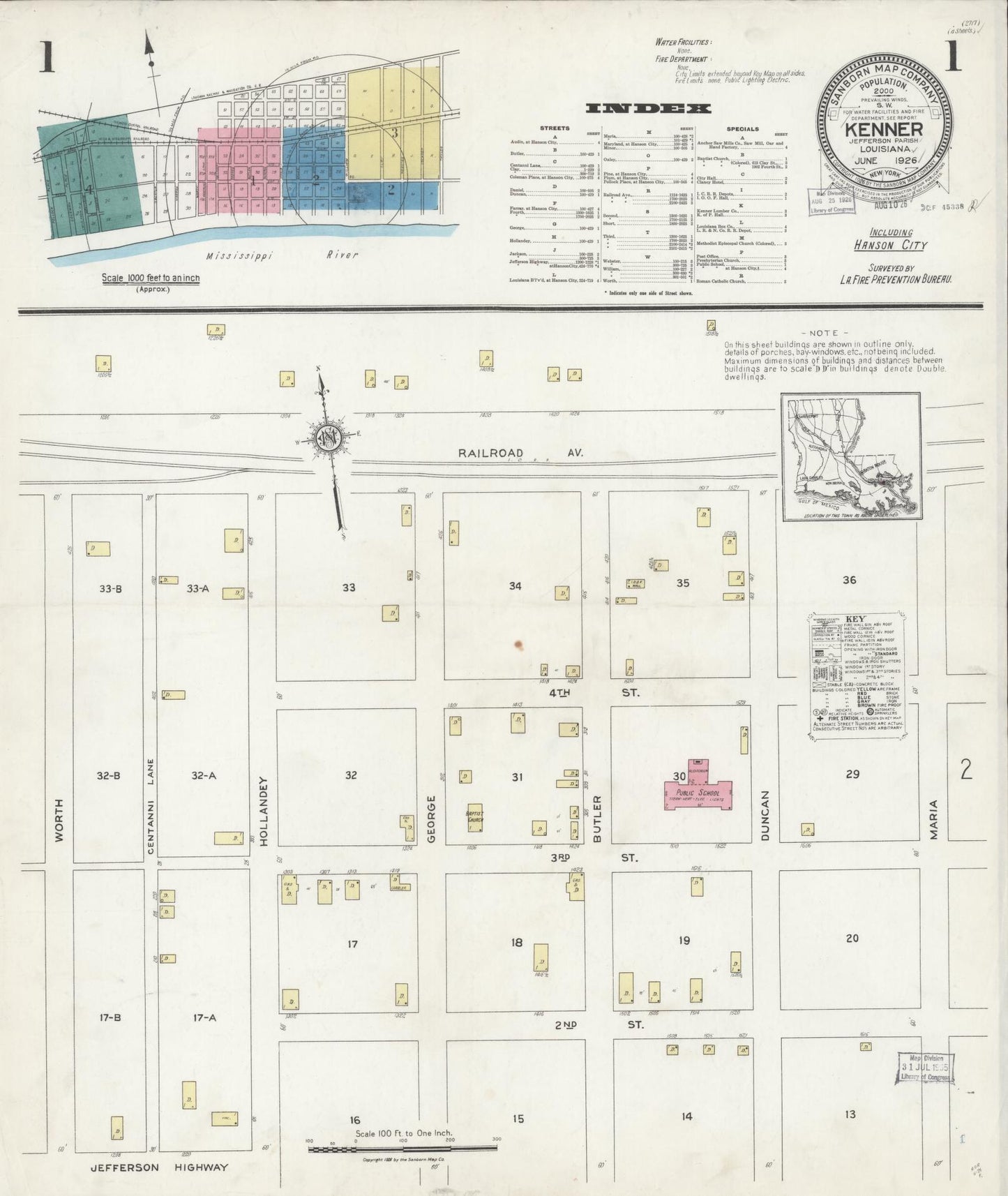 Sanborn Fire Insurance Map from Kenner, Jefferson Parish, Louisiana (1926), Sheet #0001 - Historic Sanborn Fire Insurance Map Print, vintage old map wall art, antique decor, genealogy gift, Louisiana Louisiana map