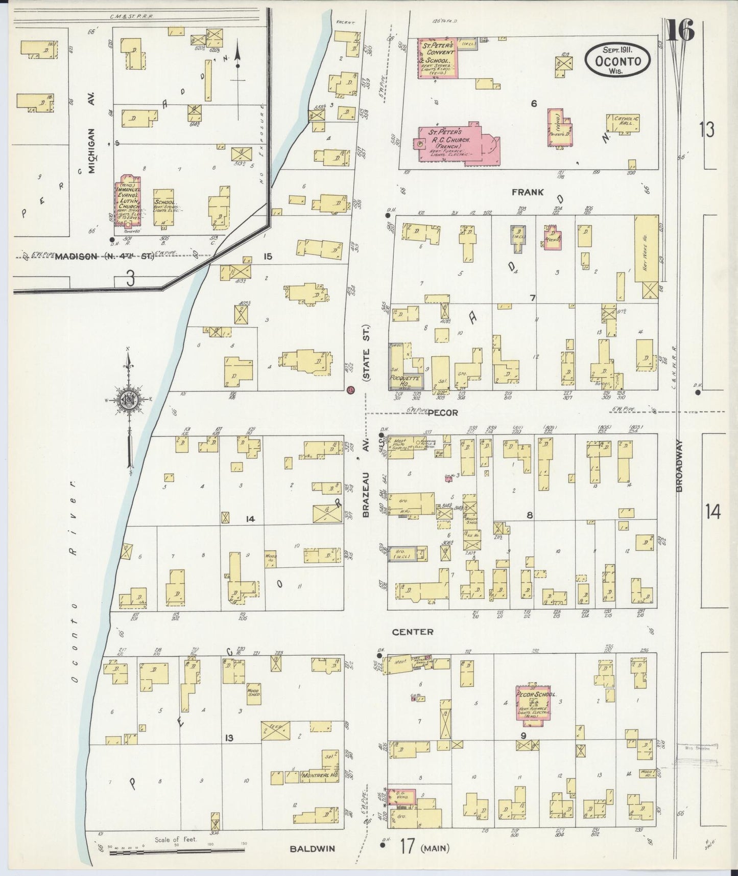 Sanborn Fire Insurance Map from Oconto, Oconto County, Wisconsin (1911), Sheet #0016 - Historic Sanborn Fire Insurance Map Print, vintage old map wall art, antique decor, genealogy gift, Wisconsin Wisconsin map