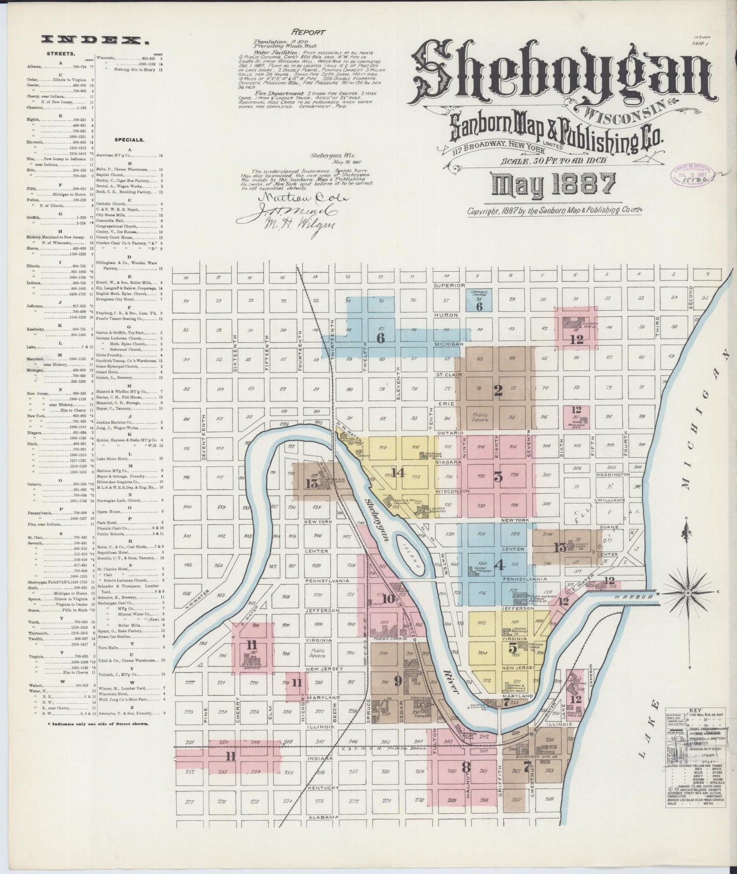 Sanborn Fire Insurance Map from Sheboygan, Sheboygan County, Wisconsin (1887), Sheet #0001 - Historic Sanborn Fire Insurance Map Print, vintage old map wall art, antique decor, genealogy gift, Wisconsin Wisconsin map