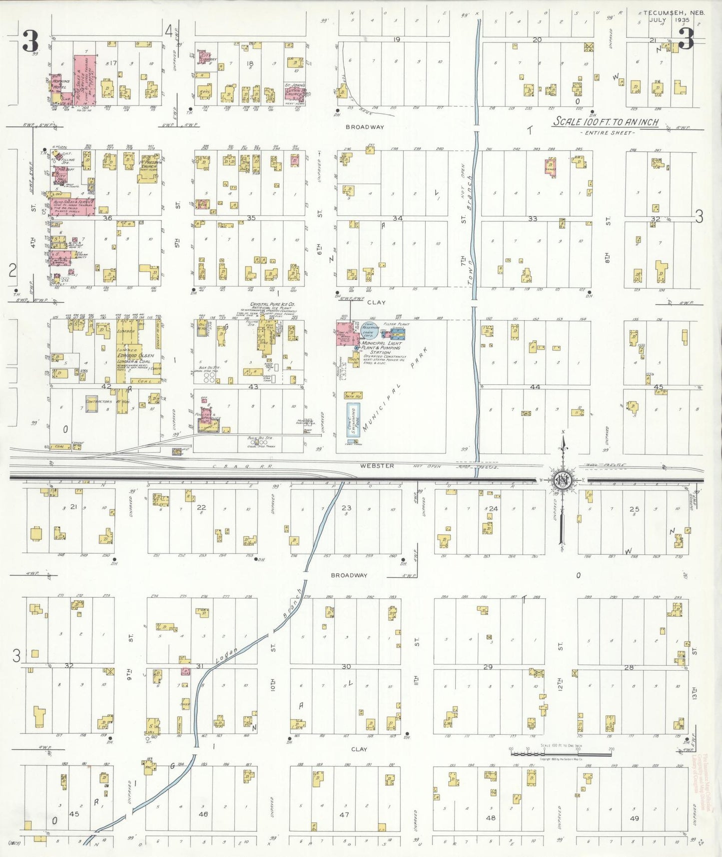Sanborn Fire Insurance Map from Tecumseh, Johnson County, Nebraska (1935), Sheet #0003 - Historic Sanborn Fire Insurance Map Print, vintage old map wall art, antique decor, genealogy gift, Nebraska Nebraska map