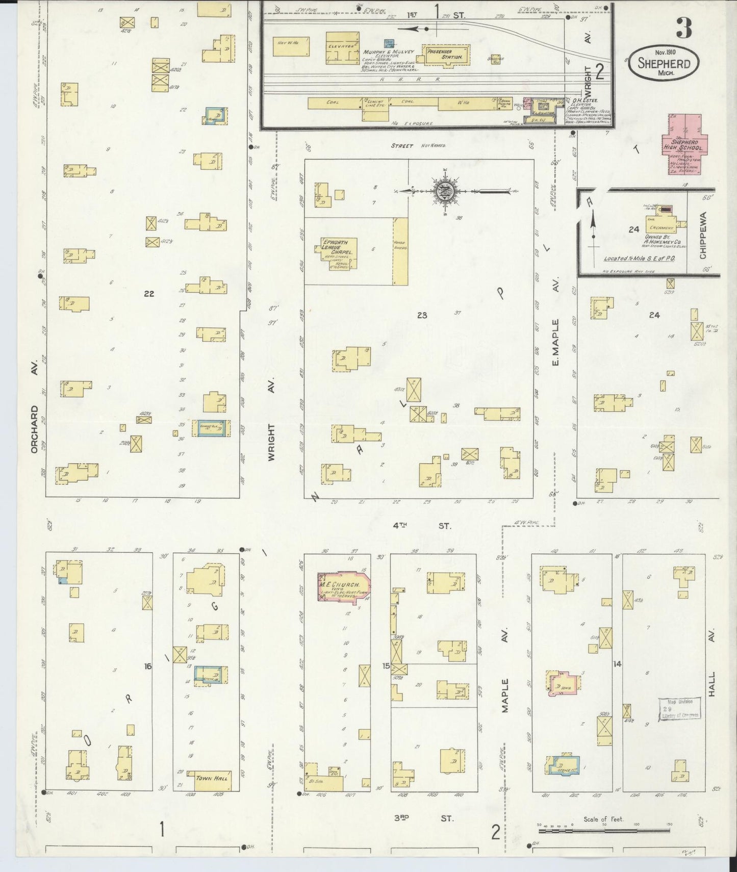 Sanborn Fire Insurance Map from Shepherd, Isabella County, Michigan (1910), Sheet #0003 - Complete Map Set gallery image, historic Sanborn map, vintage wall art, Michigan Michigan