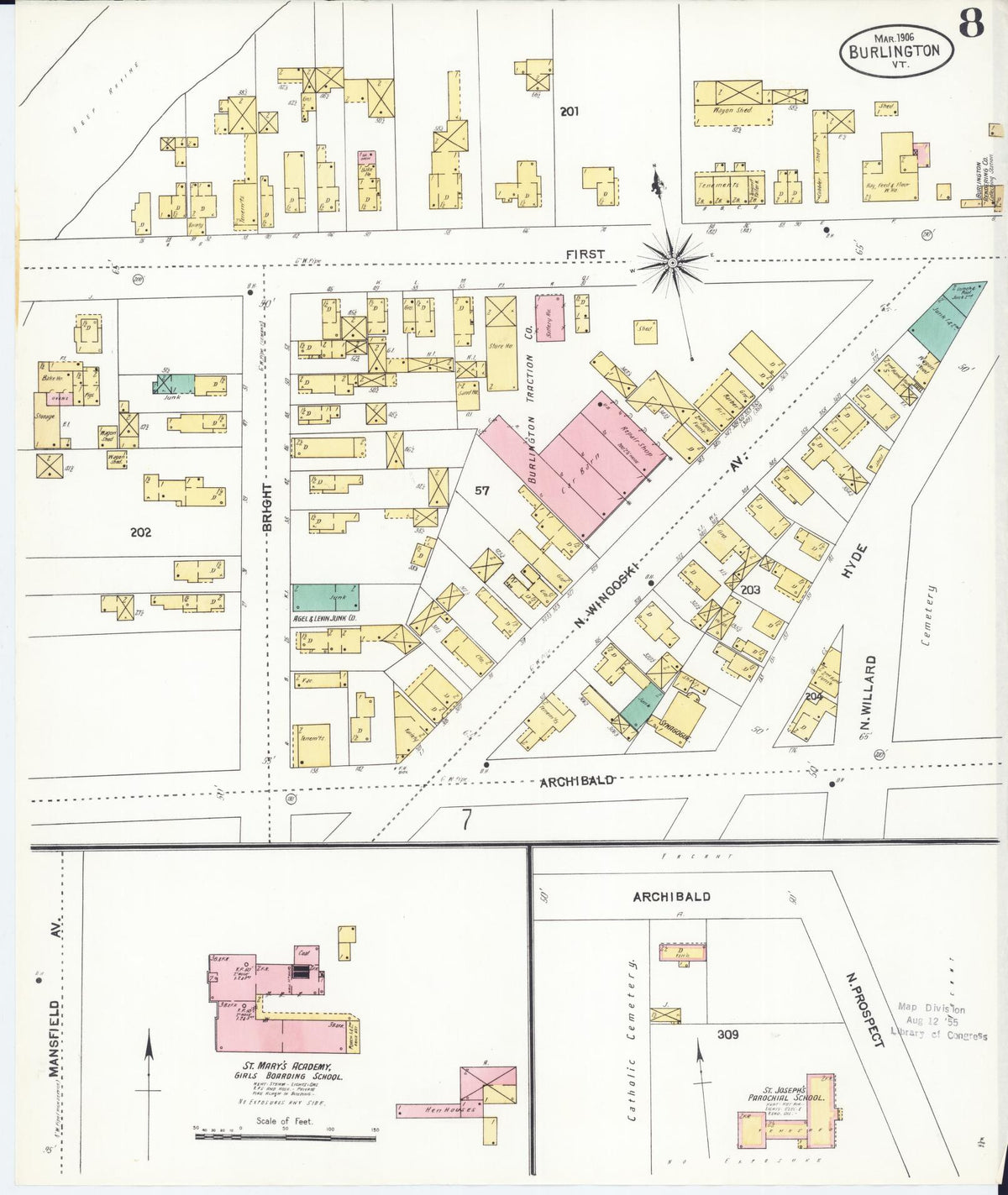 Sanborn Fire Insurance Map from Burlington, Chittenden County, Vermont (1906), Sheet #0008 - Historic Sanborn Fire Insurance Map Print, vintage old map wall art, antique decor, genealogy gift, Vermont Vermont map
