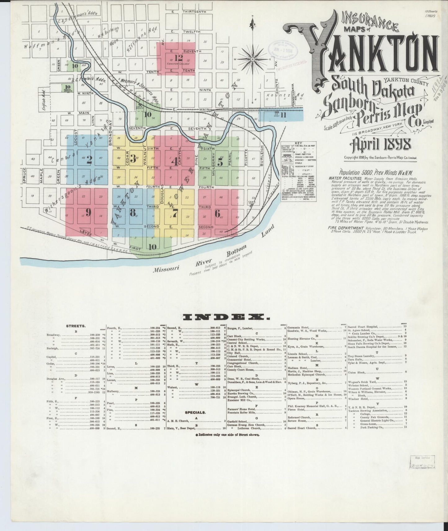 Sanborn Fire Insurance Map from Yankton, Yankton County, South Dakota (1898), Sheet #0001 - Historic Sanborn Fire Insurance Map Print, vintage old map wall art, antique decor, genealogy gift, South Dakota South Dakota map