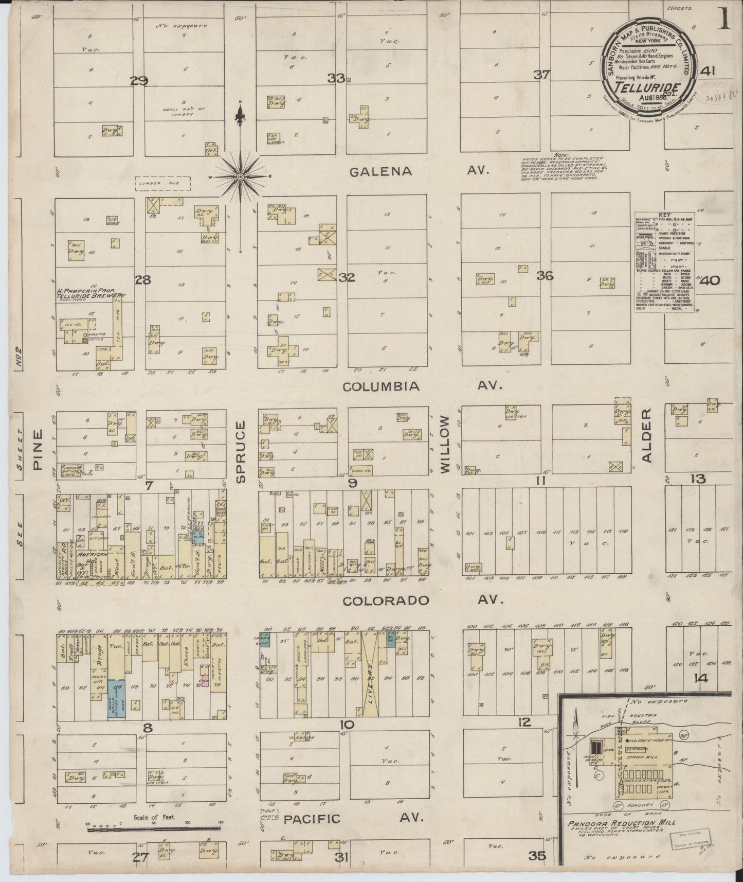 Sanborn Fire Insurance Map from Telluride, San Miguel County, Colorado (1886), Sheet #0001 - Historic Sanborn Fire Insurance Map Print, vintage old map wall art, antique decor, genealogy gift, Colorado Colorado map