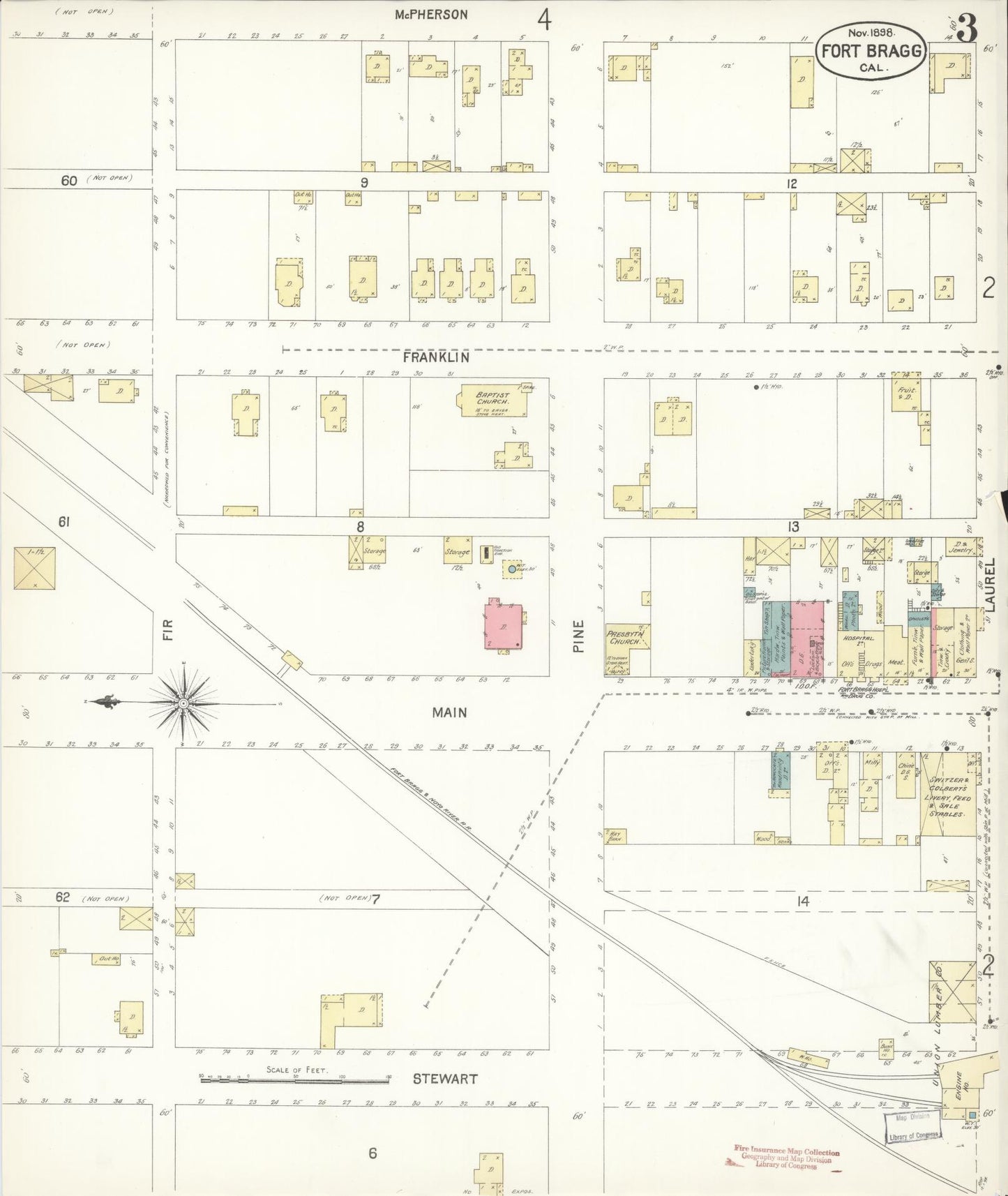 Sanborn Fire Insurance Map from Fort Bragg, Mendocino County, California (1898), Sheet #0003 - Historic Sanborn Fire Insurance Map Print, vintage old map wall art, antique decor, genealogy gift, California California map
