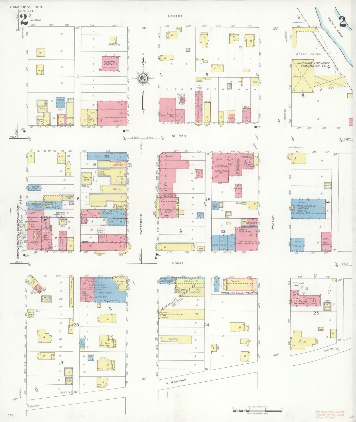 Sanborn Fire Insurance Map from Cambridge, Furnas County, Nebraska (1936), Sheet #0002 - Historic Sanborn Fire Insurance Map Print, vintage old map wall art, antique decor, genealogy gift, Nebraska Nebraska map