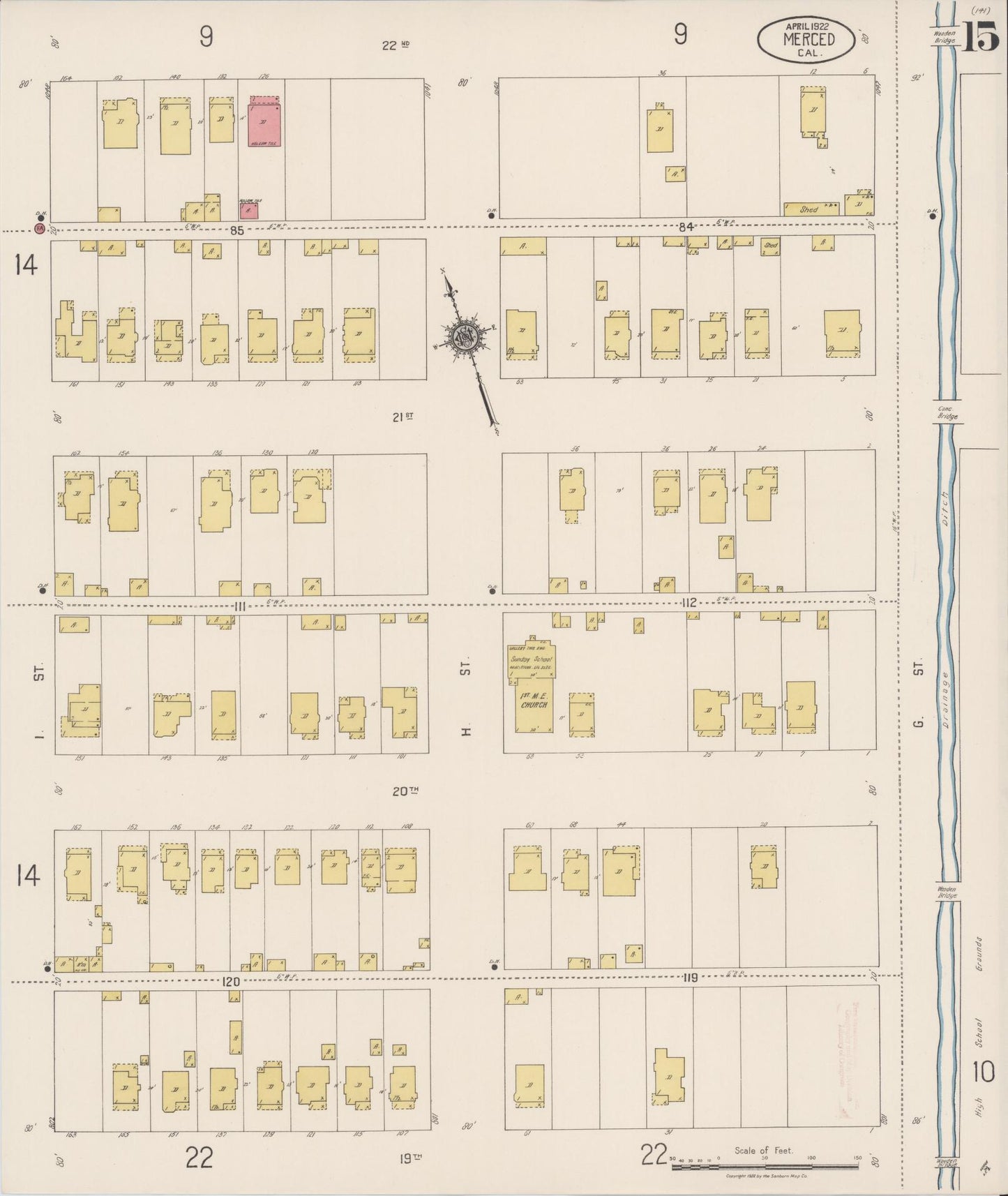 Sanborn Fire Insurance Map from Merced, Merced County, California (1922), Sheet #0015 - Historic Sanborn Fire Insurance Map Print, vintage old map wall art, antique decor, genealogy gift, California California map