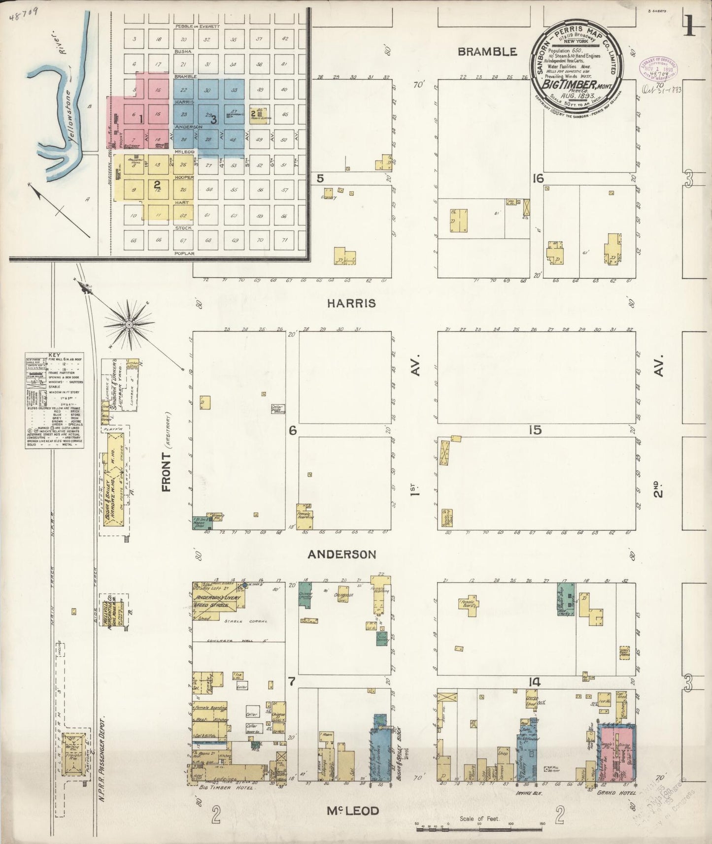 Sanborn Fire Insurance Map from Big Timber, Sweet Grass County, Montana (1893), Sheet #0001 - Historic Sanborn Fire Insurance Map Print, vintage old map wall art, antique decor, genealogy gift, Montana Montana map