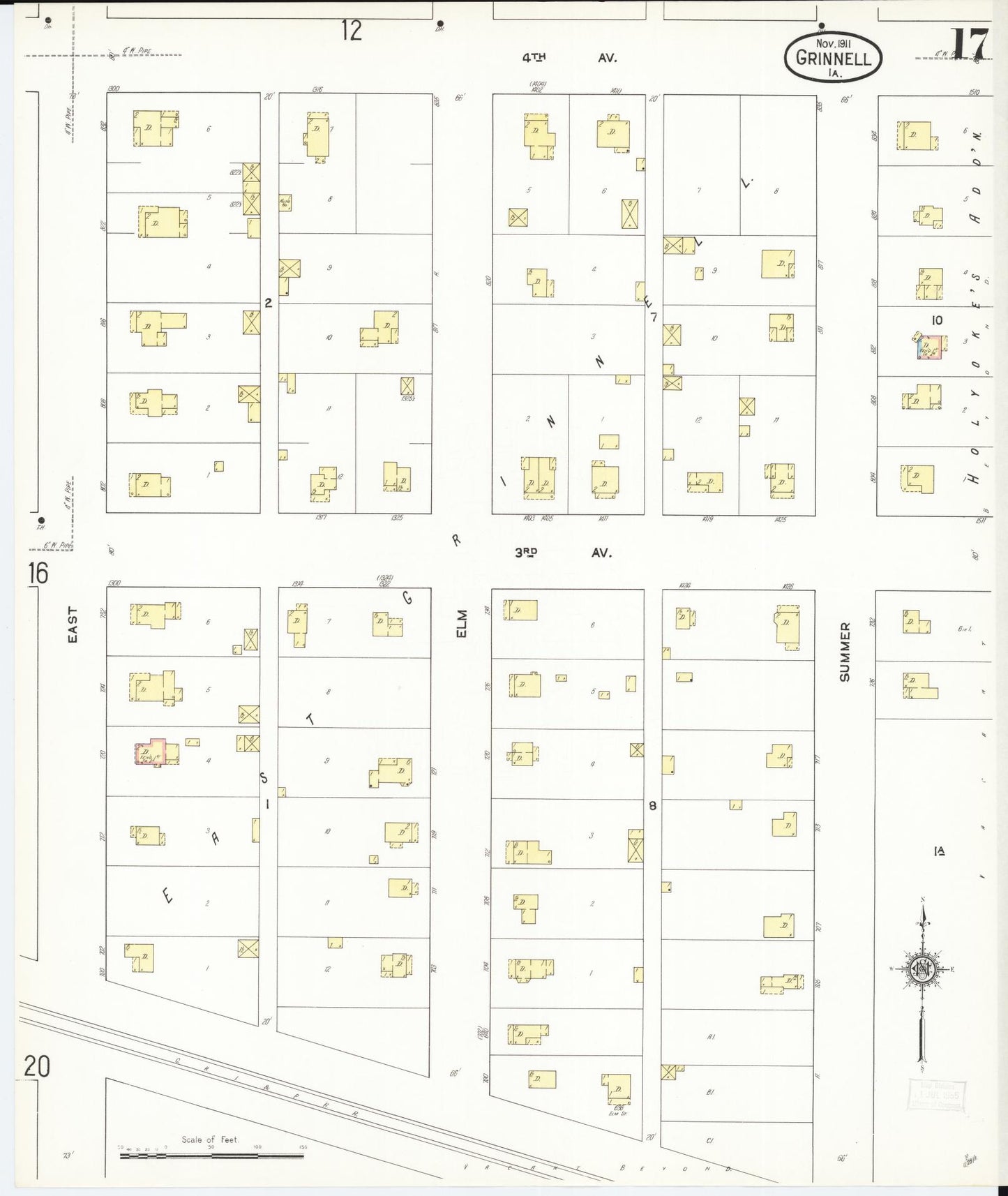 Sanborn Fire Insurance Map from Grinnell, Poweshiek County, Iowa (1911), Sheet #0017 - Historic Sanborn Fire Insurance Map Print, vintage old map wall art