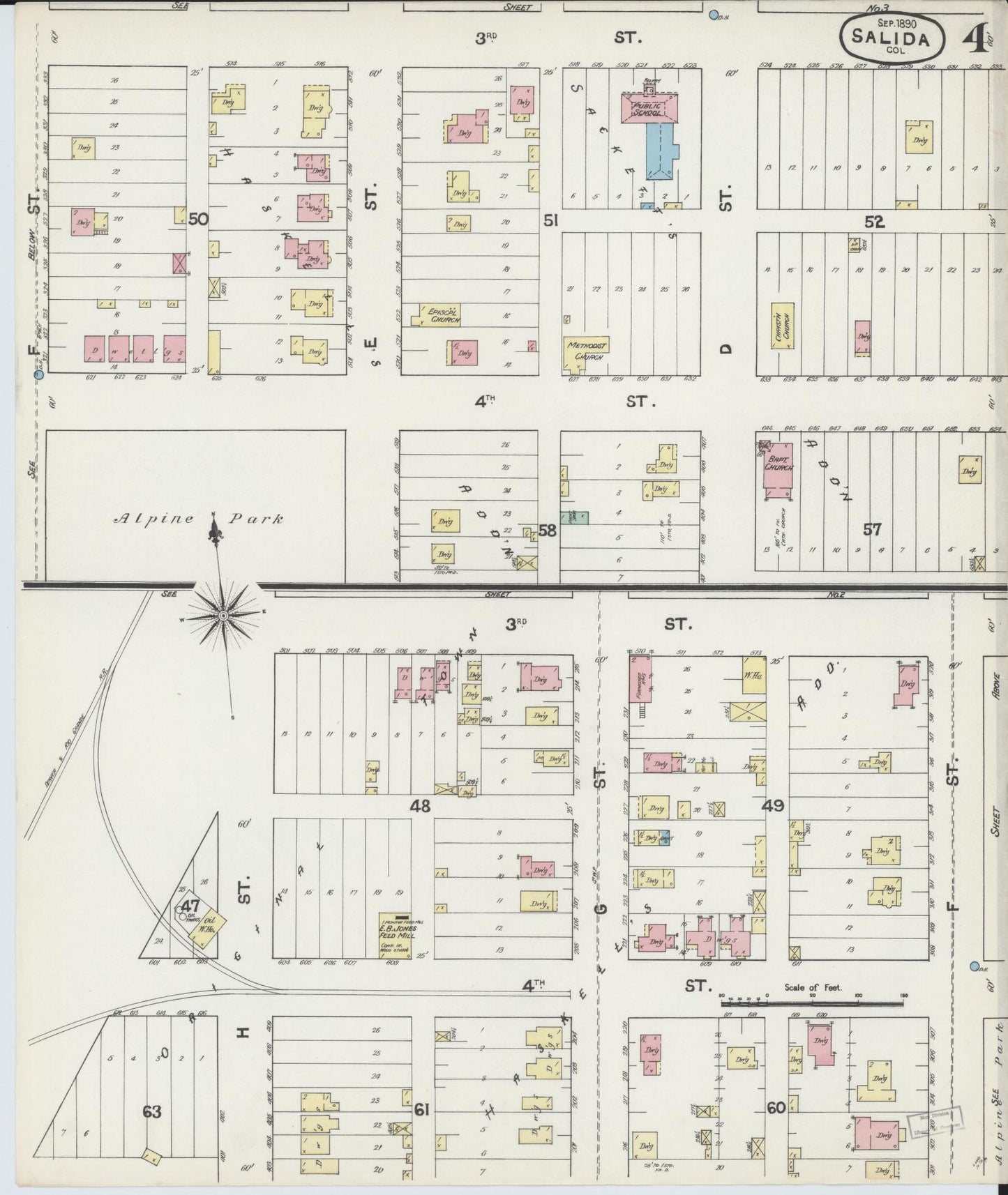 Sanborn Fire Insurance Map from Salida, Chaffee County, Colorado (1890), Sheet #0004 - Historic Sanborn Fire Insurance Map Print, vintage old map wall art, antique decor, genealogy gift, Colorado Colorado map