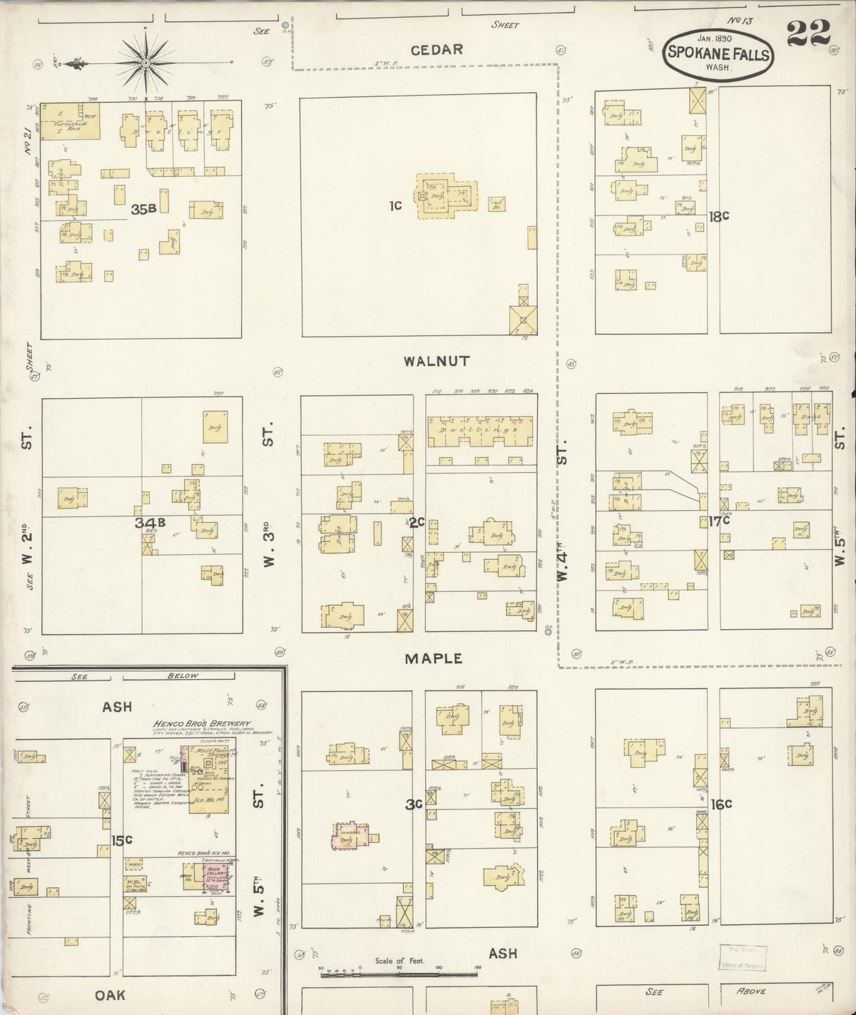 Sanborn Fire Insurance Map from Spokane, Spokane County, Washington (1890), Sheet #0022 - Historic Sanborn Fire Insurance Map Print, vintage old map wall art, antique decor, genealogy gift, Washington Washington map