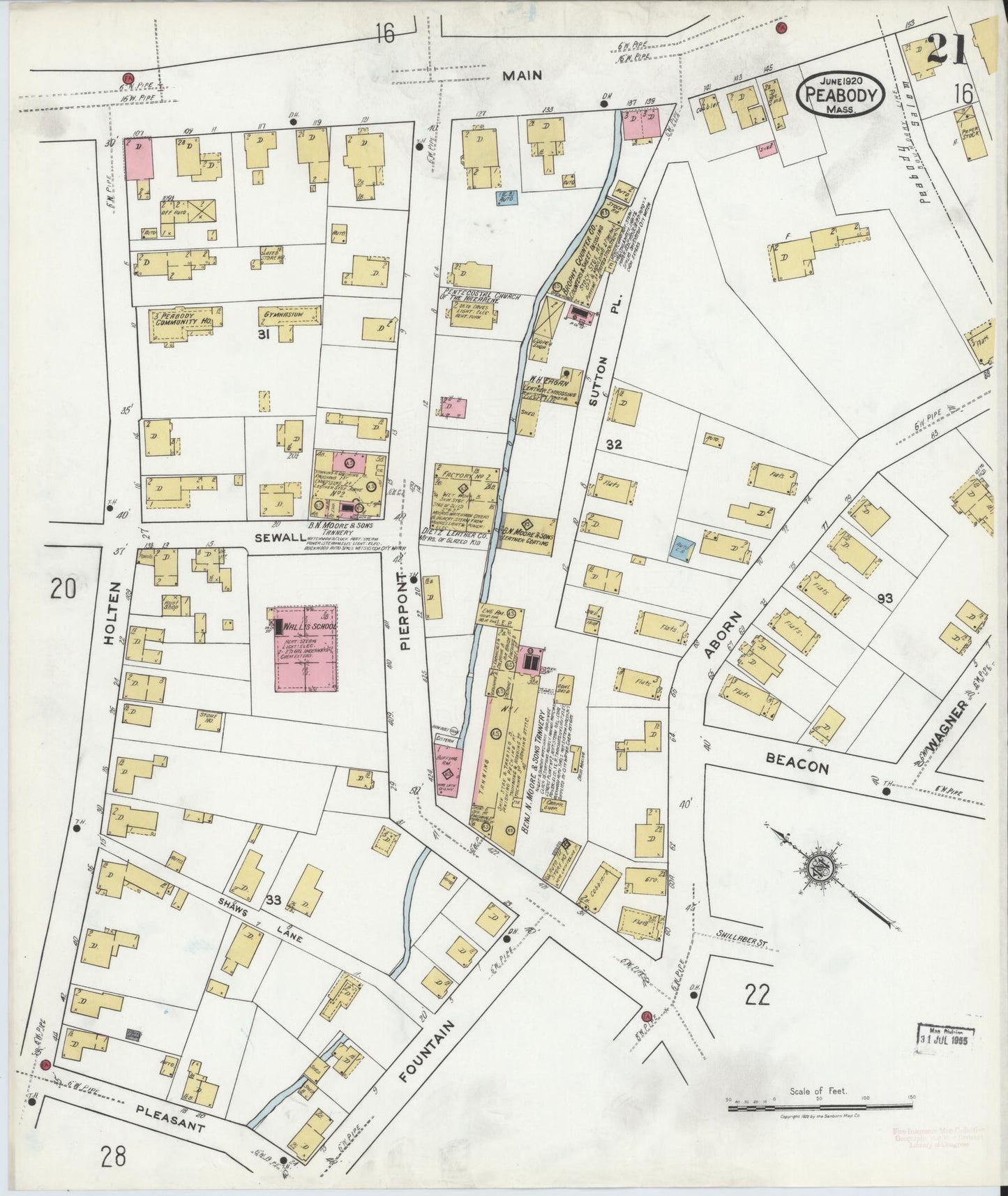 Sanborn Fire Insurance Map from Peabody, Essex County, Massachusetts (1920), Sheet #0021 - Historic Sanborn Fire Insurance Map Print, vintage old map wall art, antique decor, genealogy gift, Massachusetts Massachusetts map