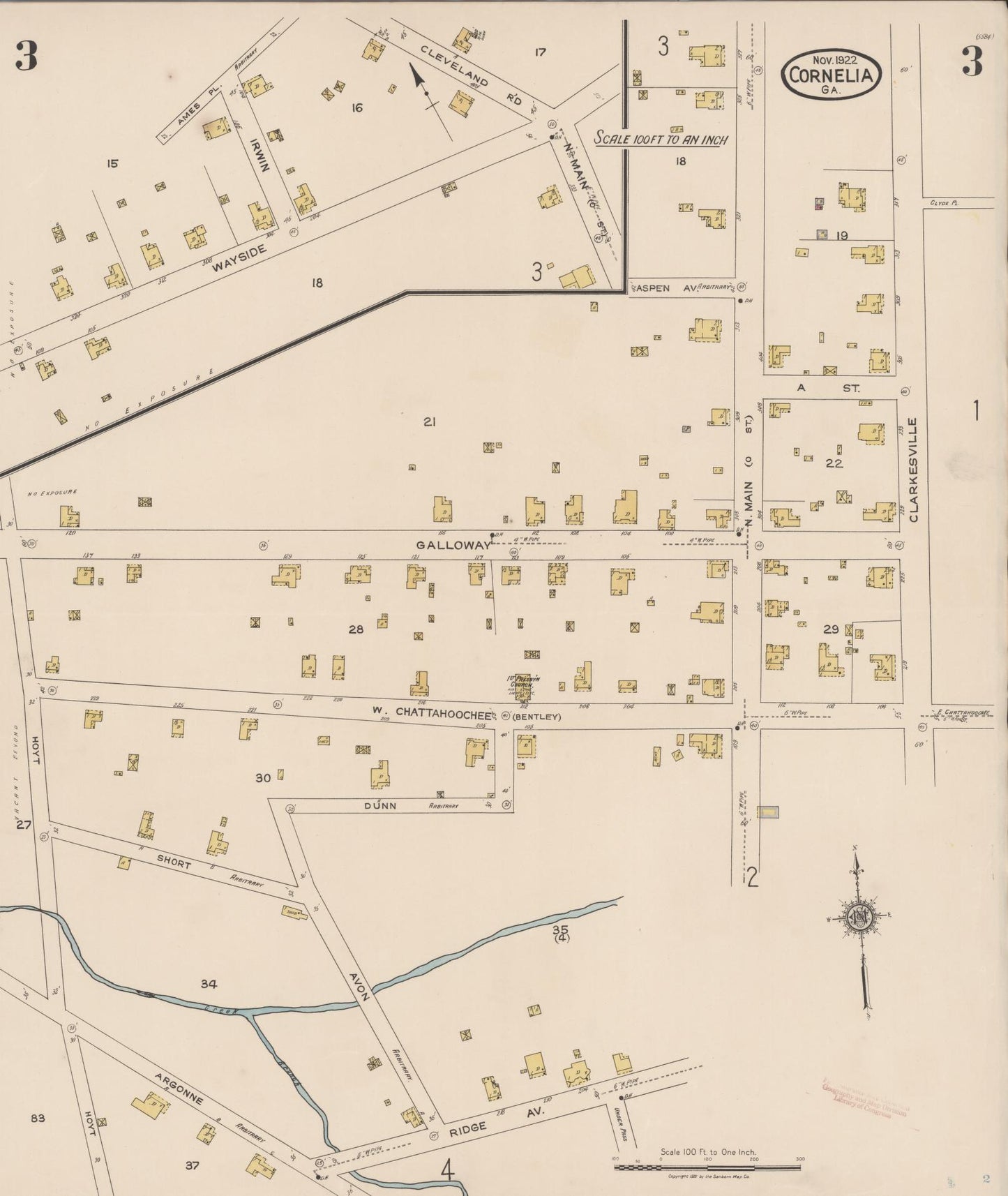 Sanborn Fire Insurance Map from Cornelia, Habersbam County, Georgia (1922), Sheet #0003 - Historic Sanborn Fire Insurance Map Print, vintage old map wall art, antique decor, genealogy gift, Georgia Georgia map