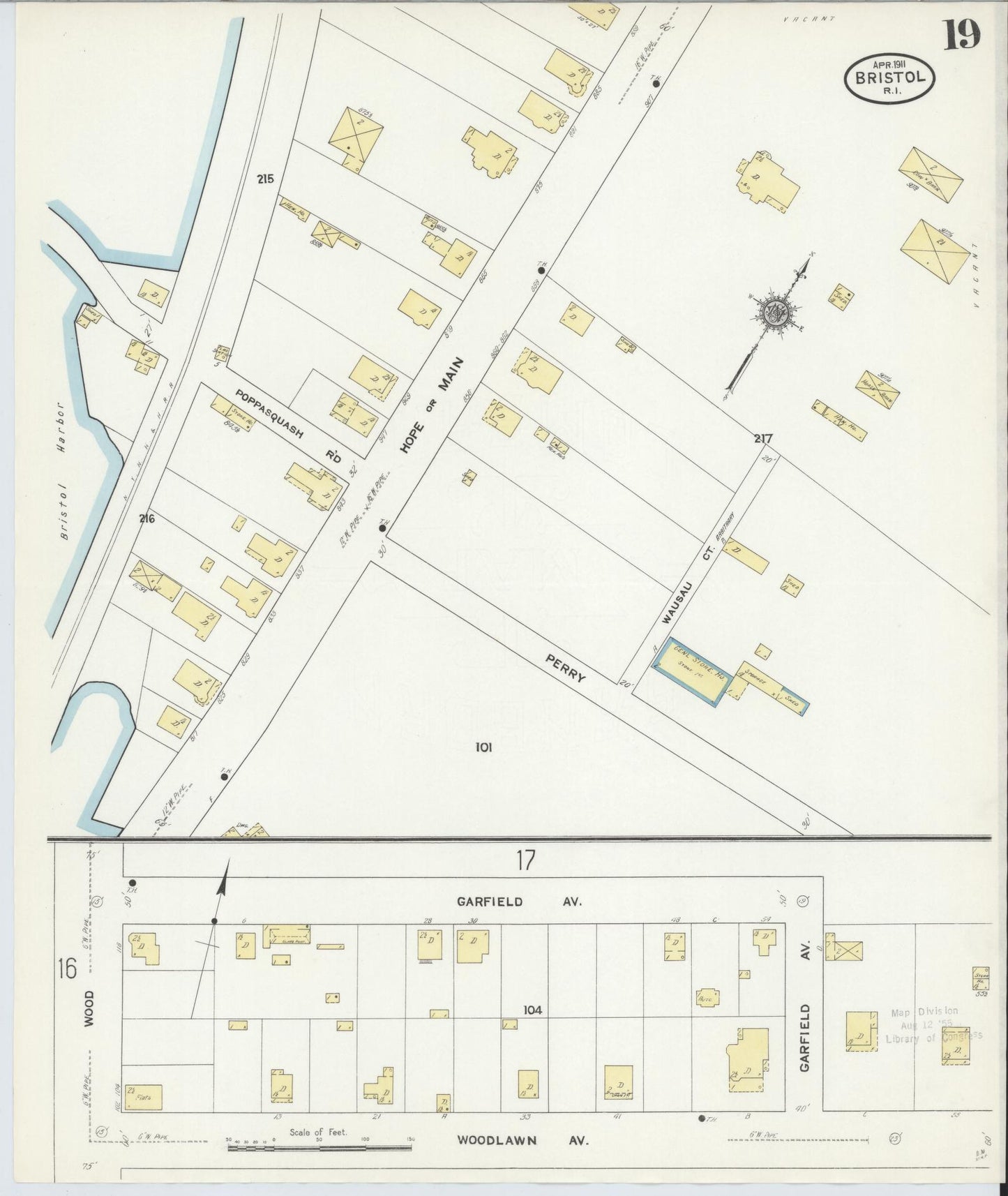 Sanborn Fire Insurance Map from Bristol, Bristol County, Rhode Island (1911), Sheet #0019 - Historic Sanborn Fire Insurance Map Print, vintage old map wall art, antique decor, genealogy gift, Rhode Island Rhode Island map