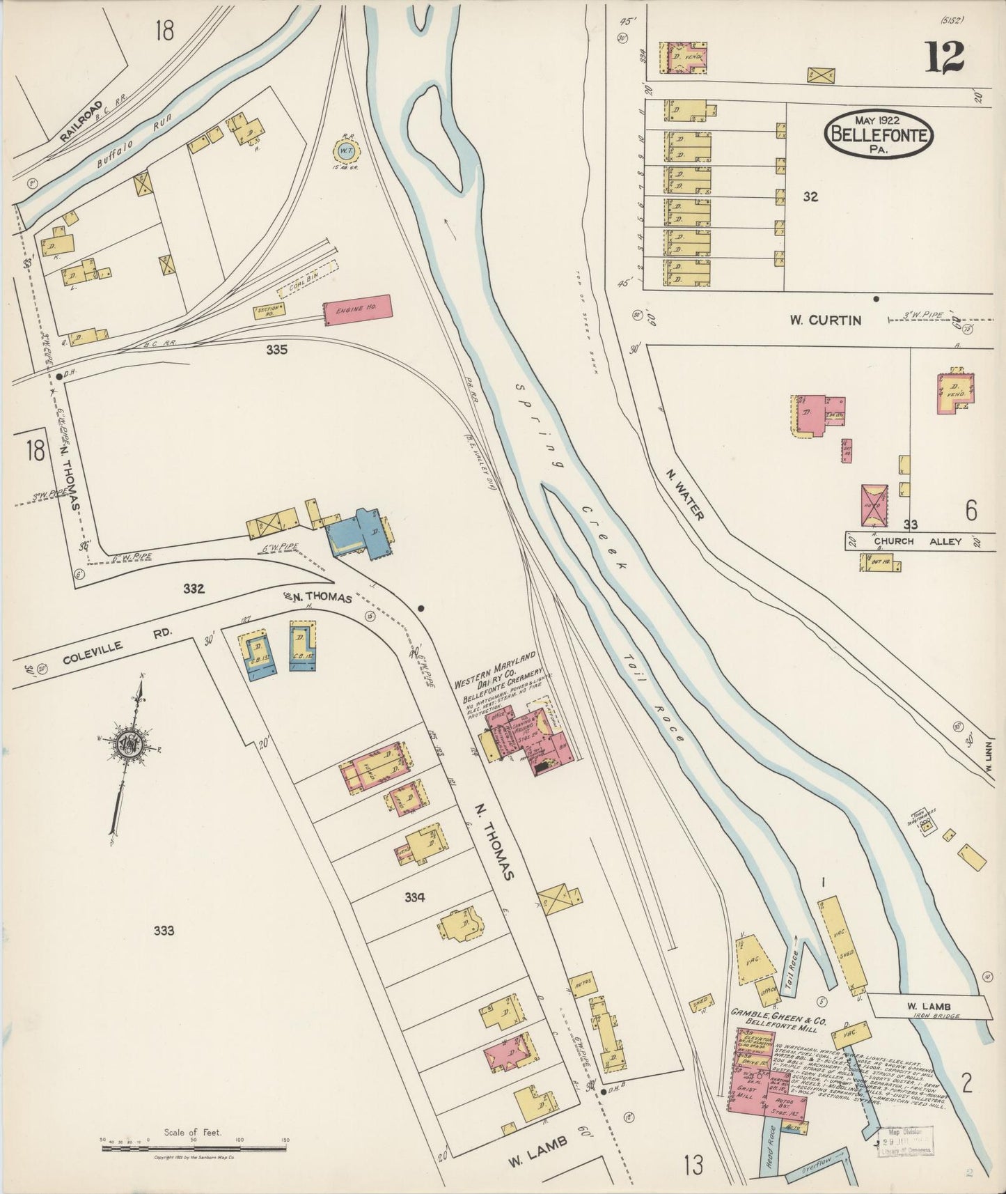 Sanborn Fire Insurance Map from Bellefonte, Centre County, Pennsylvania (1922), Sheet #0012 - Historic Sanborn Fire Insurance Map Print, vintage old map wall art, antique decor, genealogy gift, Pennsylvania Pennsylvania map