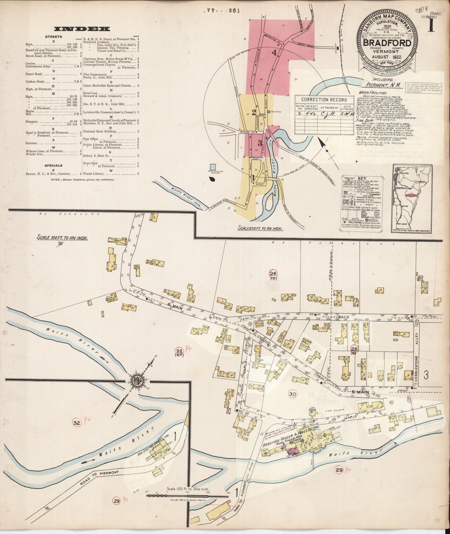 Sanborn Fire Insurance Map from Bradford, Orange County, Vermont (1942), Sheet #0001 - Historic Sanborn Fire Insurance Map Print, vintage old map wall art, antique decor, genealogy gift, Vermont Vermont map