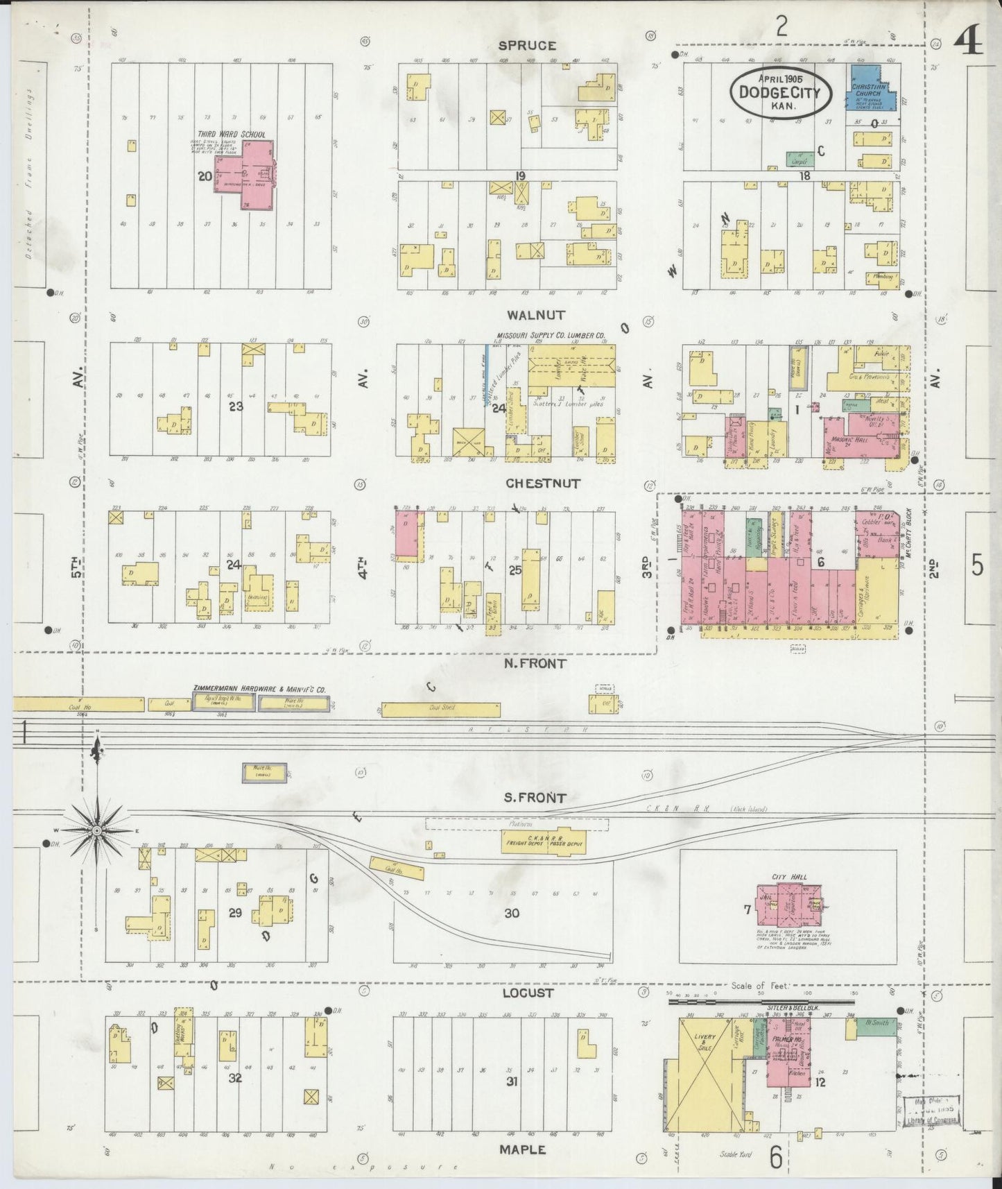 Sanborn Fire Insurance Map from Dodge City, Ford County, Kansas (1905), Sheet #0004 - Historic Sanborn Fire Insurance Map Print, vintage old map wall art, antique decor, genealogy gift, Kansas Kansas map